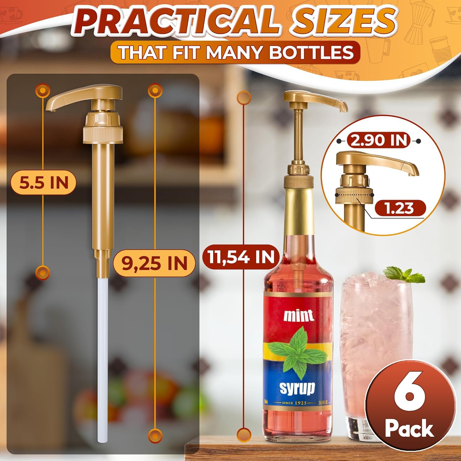 6-Pack 750ml Coffee Syrup Pumps - Skinny Syrup Dispenser for Coffee Bars, Creamers & Torani Bottles - Perfect for Coffee Shops, Home Brewing & Snow Cone Syrups