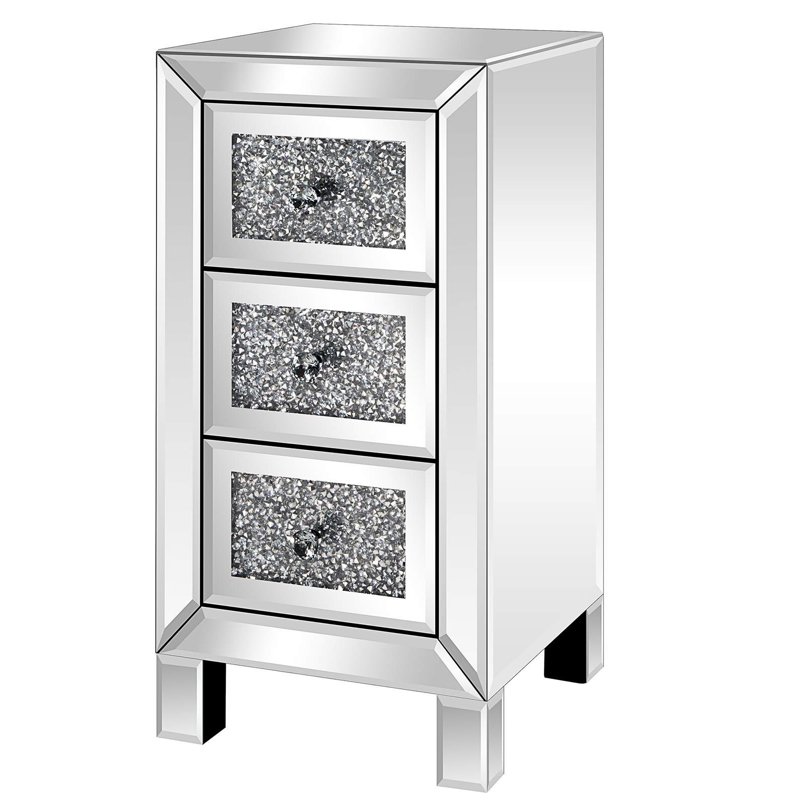 Modern Mirrored 3-Drawer Nightstand with Crystal Knobs - Silver Finish Bedside Table for Bedroom & Living Room Storage