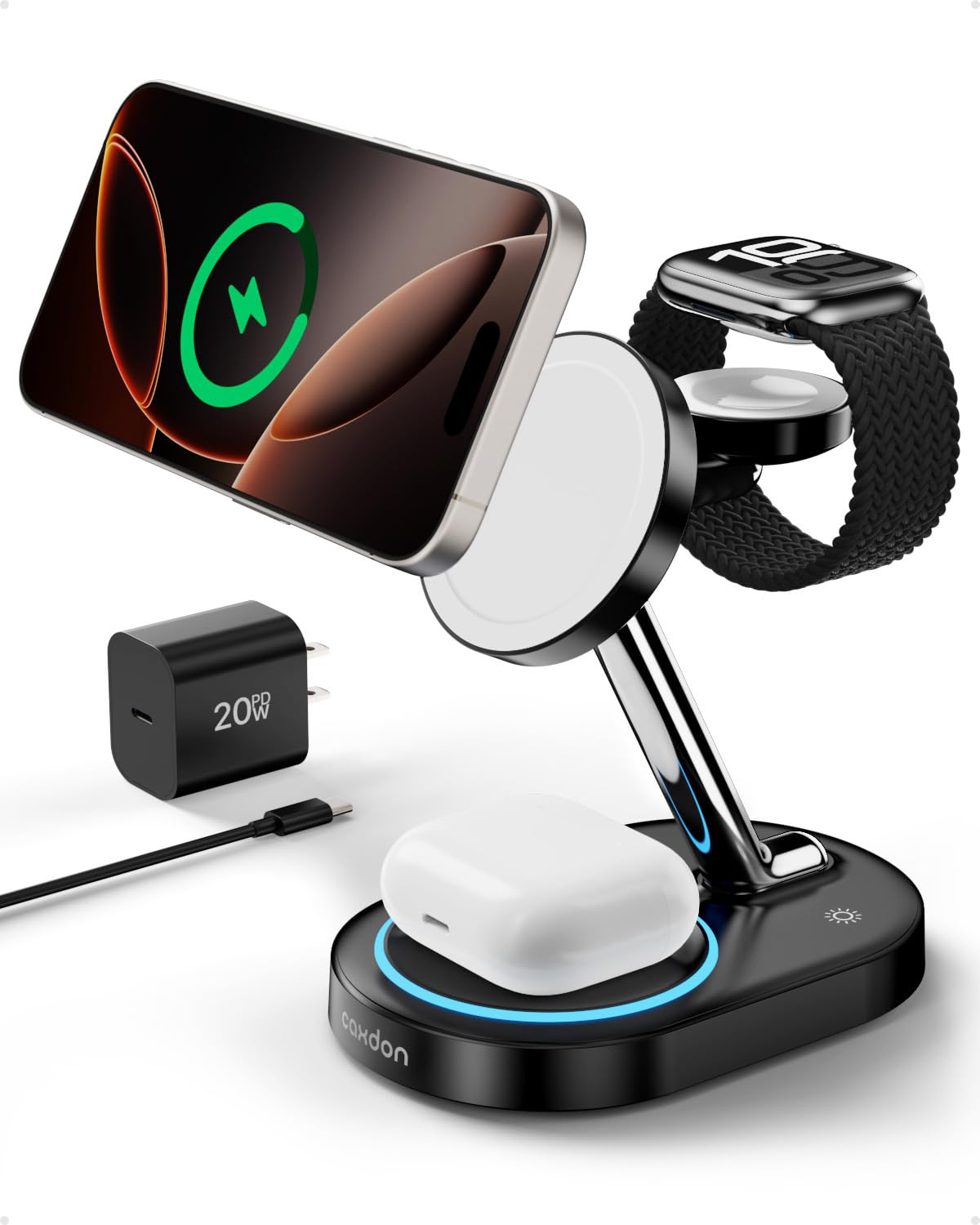 Caxdon 3-in-1 Magnetic Wireless Charging Station - Fast Charger for iPhone 16/15/14/13/12, Apple Watch 10/9/8/7/6/SE/Ultra 2/1 & AirPods Pro 2/Pro/4/3/2 - MagSafe Compatible Charging Stand (Black) | Perfect for Home, Office & Travel Use