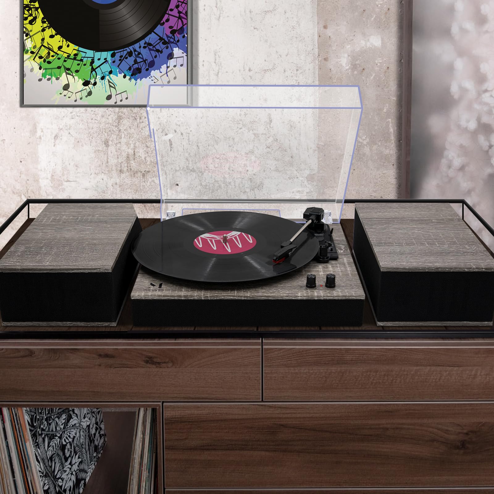 MPK Bluetooth Record Player - 3-Speed Belt-Drive Vinyl Turntable with HiFi Sound & Wireless Bookshelf Speakers | Auto-Stop Function & Grey Wood Finish | Perfect for Home Entertainment & Vinyl Record Collections