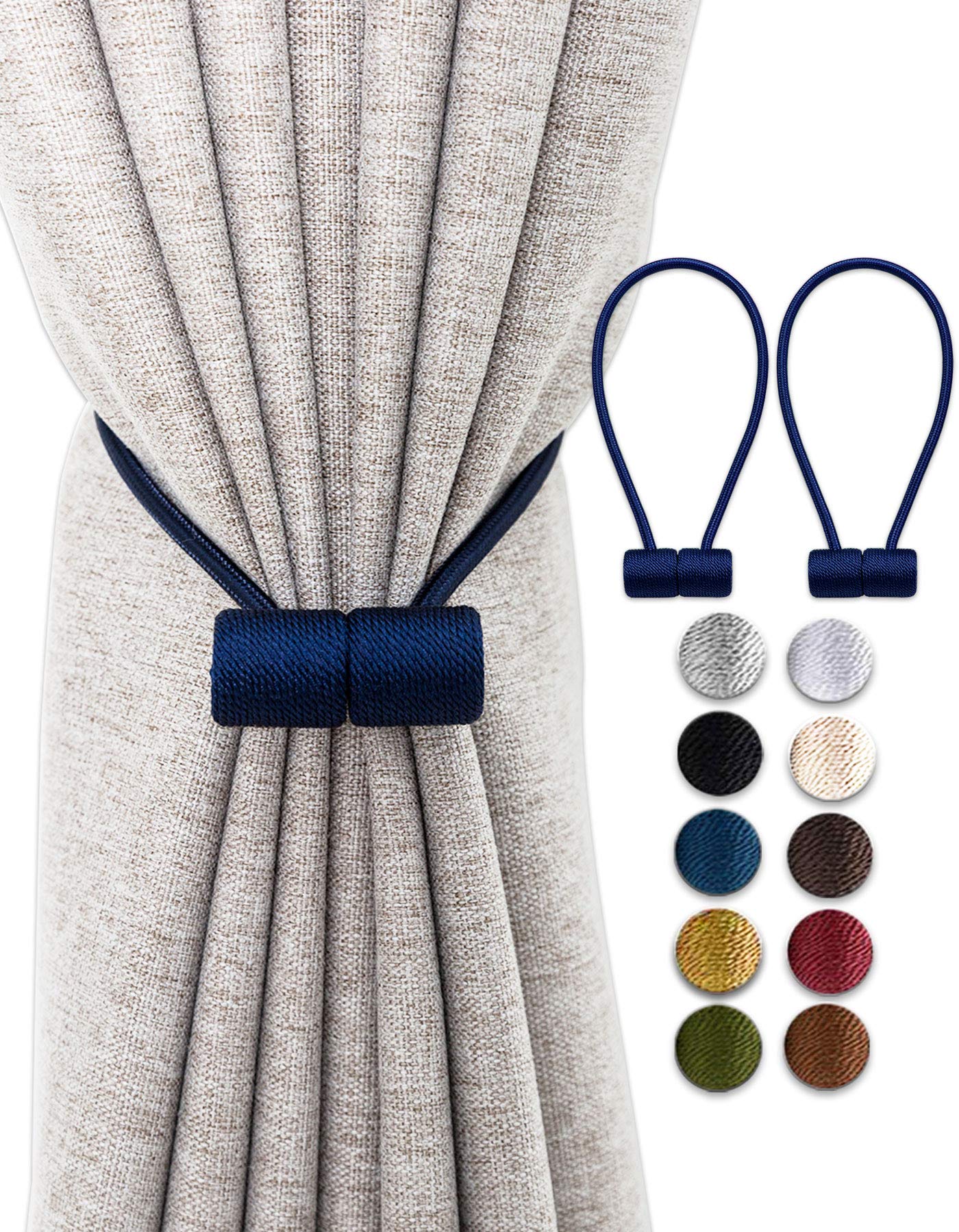 TECVINCI Decorative Magnetic Curtain Tiebacks - 2 Pack 16 Inch Drapery Holdbacks with Strong Upgraded Magnets for Blackout & Sheer Curtains (Navy Blue) - Perfect for Living Room, Bedroom & Window Treatments