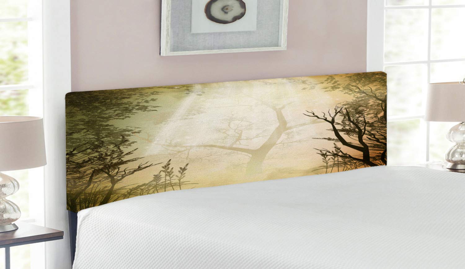 Ambesonne Mystic Forest Upholstered Headboard - Queen Size Bed Frame with Memory Foam, Misty Woodland Sunbeam Design in Pale Yellow & Black | Perfect for Bedroom Decor, Guest Rooms & Cozy Retreats