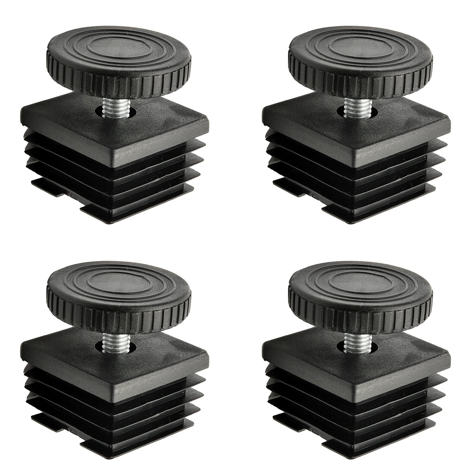 MroMax 16 Sets Adjustable Leveling Feet 38x38mm - Heavy Duty Plastic & Metal Square Tube Insert Kit with M8 Thread - Glide Levelers for Home Office Table, Desk Legs (Black) - Perfect for Workstations, Study Desks & Furniture Leveling