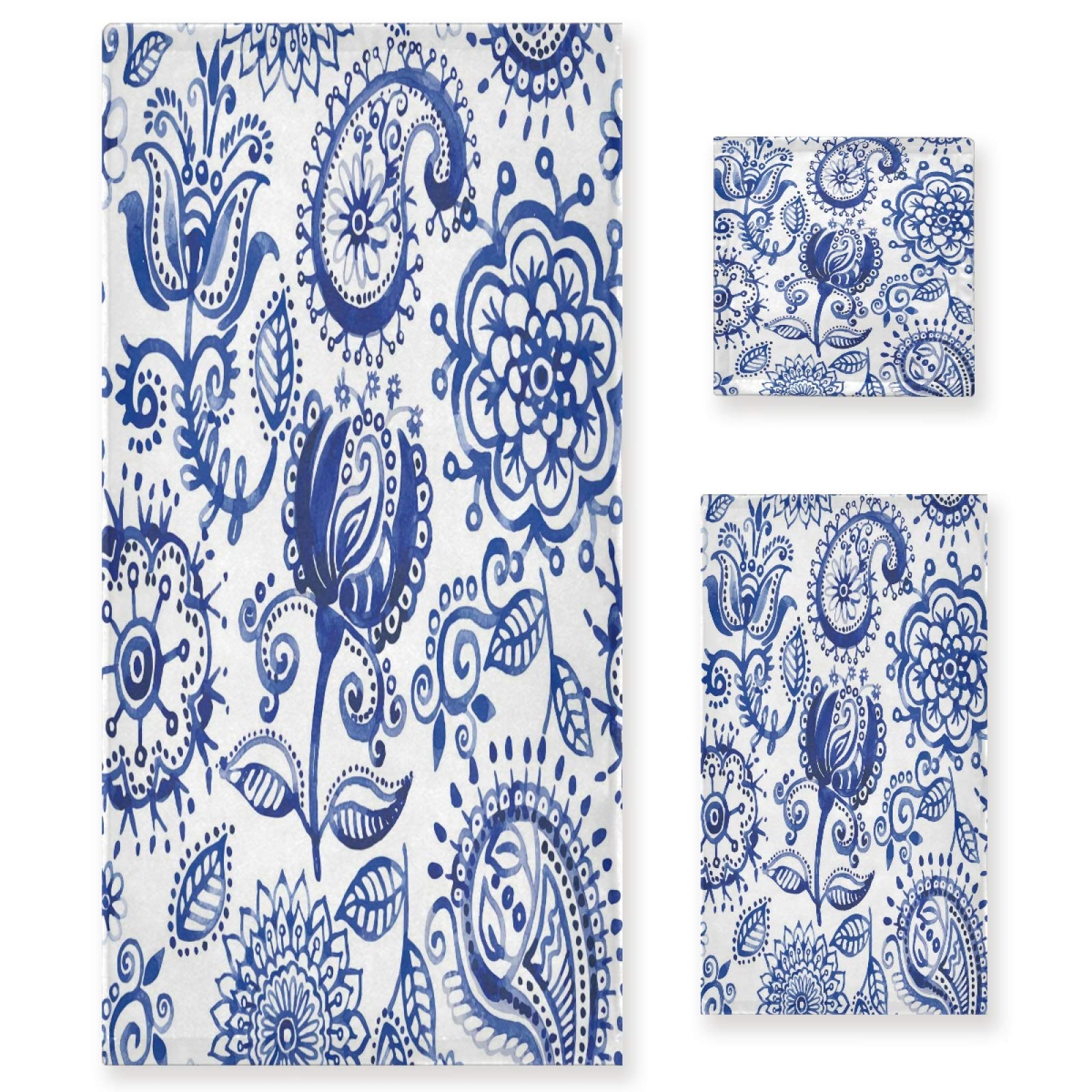 ALAZA 3-Piece Blue Paisley Bath Towel Set - Soft & Absorbent Hand Towel, Washcloth & Face Towel for Bathroom, Kitchen & Guest Use - Perfect Housewarming Gift & Home Decor Accessories