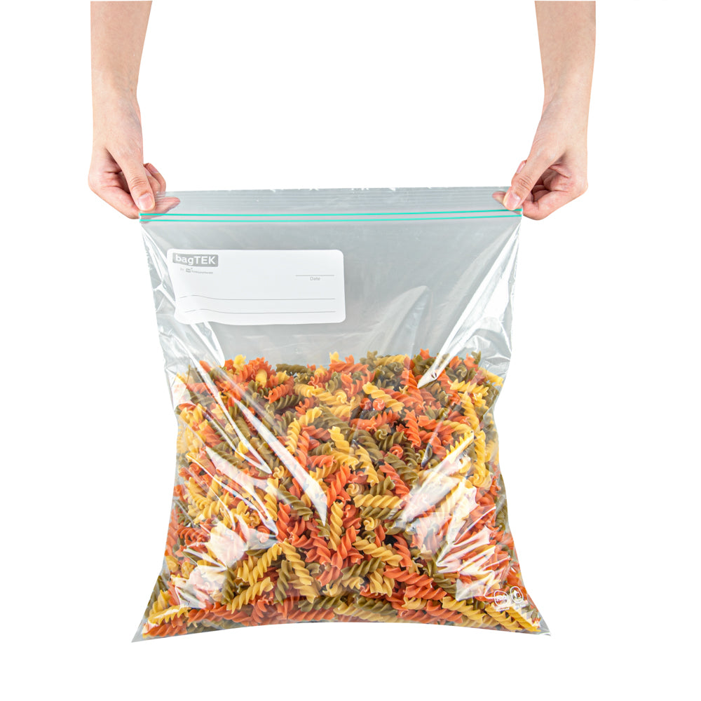Bag Tek 2 Gallon Clear Plastic Zip Bags with Double Zipper - BPA Free, Write-On Label (15 x 13 Inches) - 25 Count Box - Perfect for Food Storage, Travel Organizing & Craft Supplies
