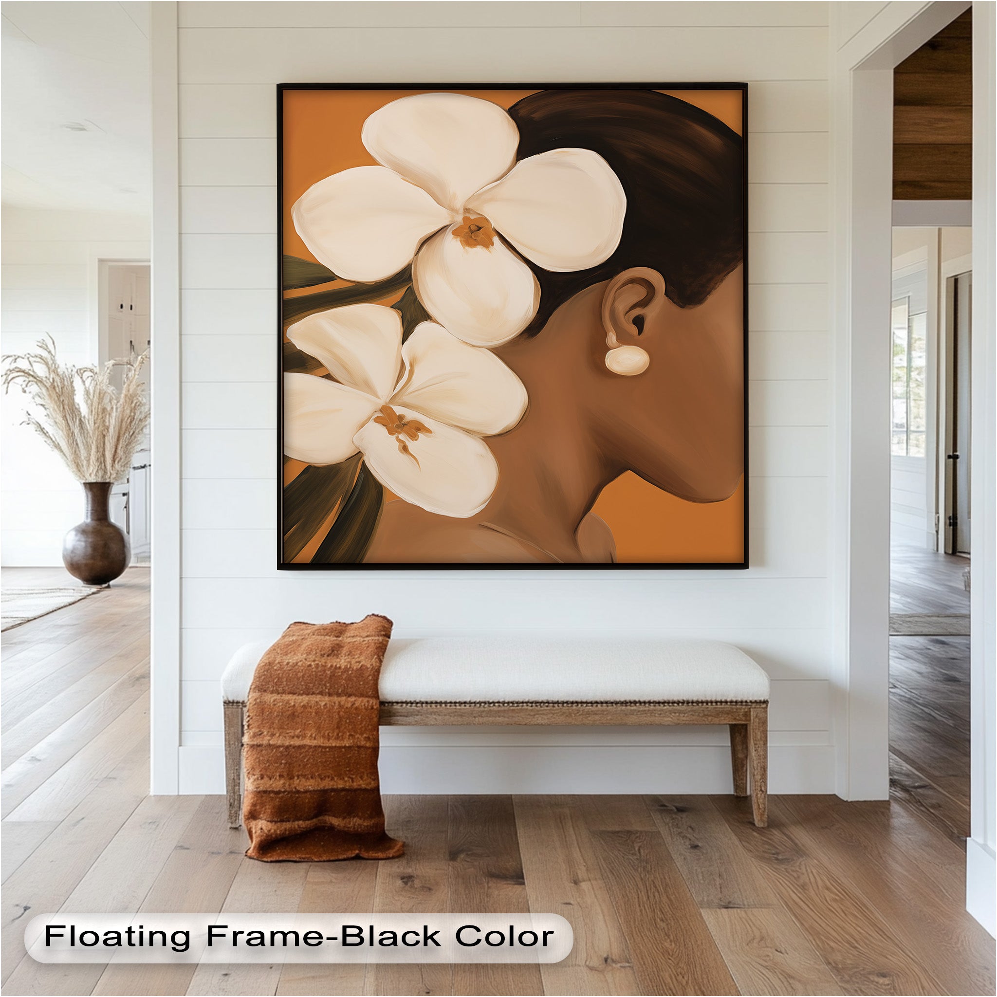 African Woman with Orchids Framed Oil Painting - Handmade Wall Art Decor for Living Room, Bedroom & Office