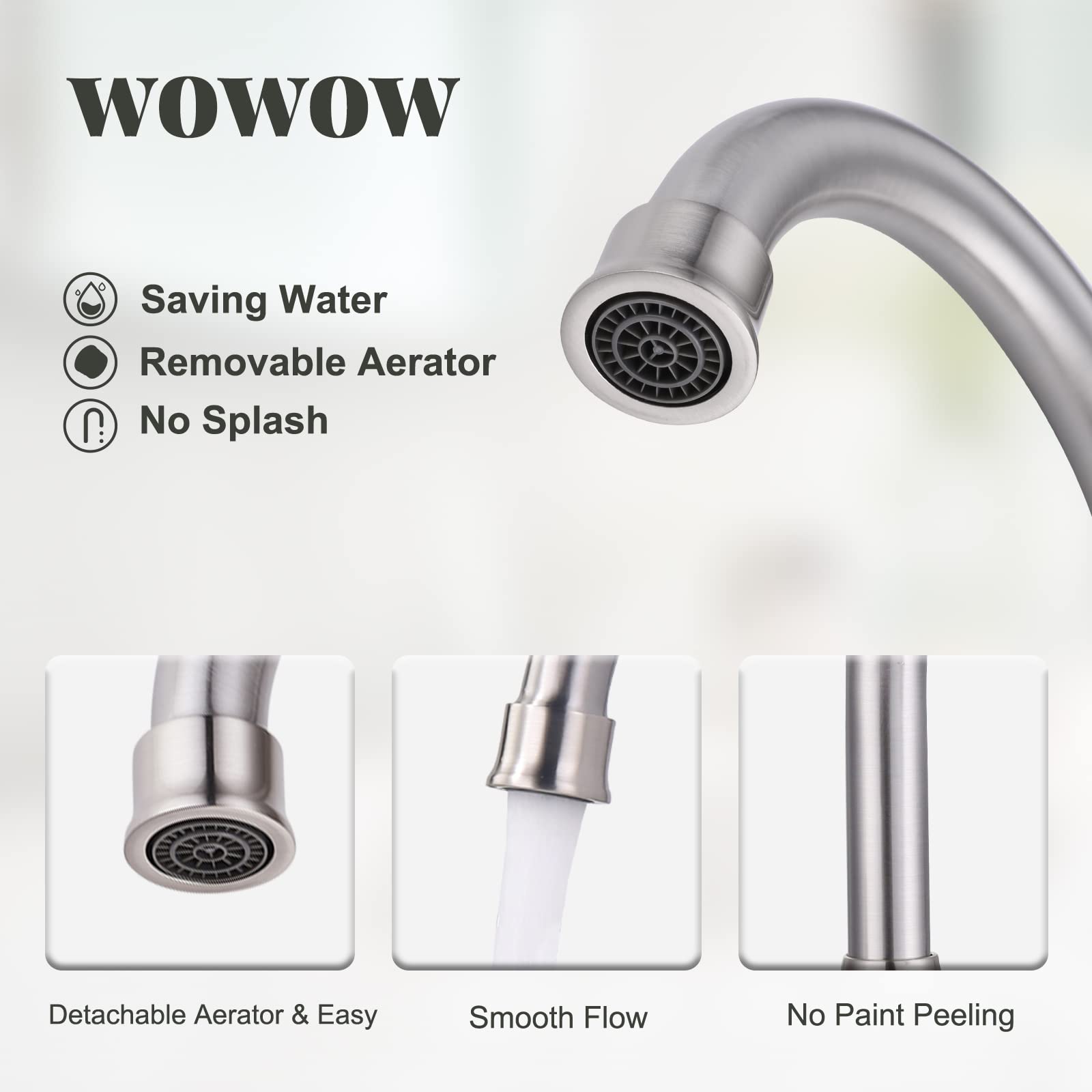 WOWOW 8 Inch Brushed Nickel Bathroom Sink Faucet - 2 Handle 3 Hole Deck Mount Brass RV Faucet with Drain - Perfect for Vanity, Guest Bath & Tiny Home Installations