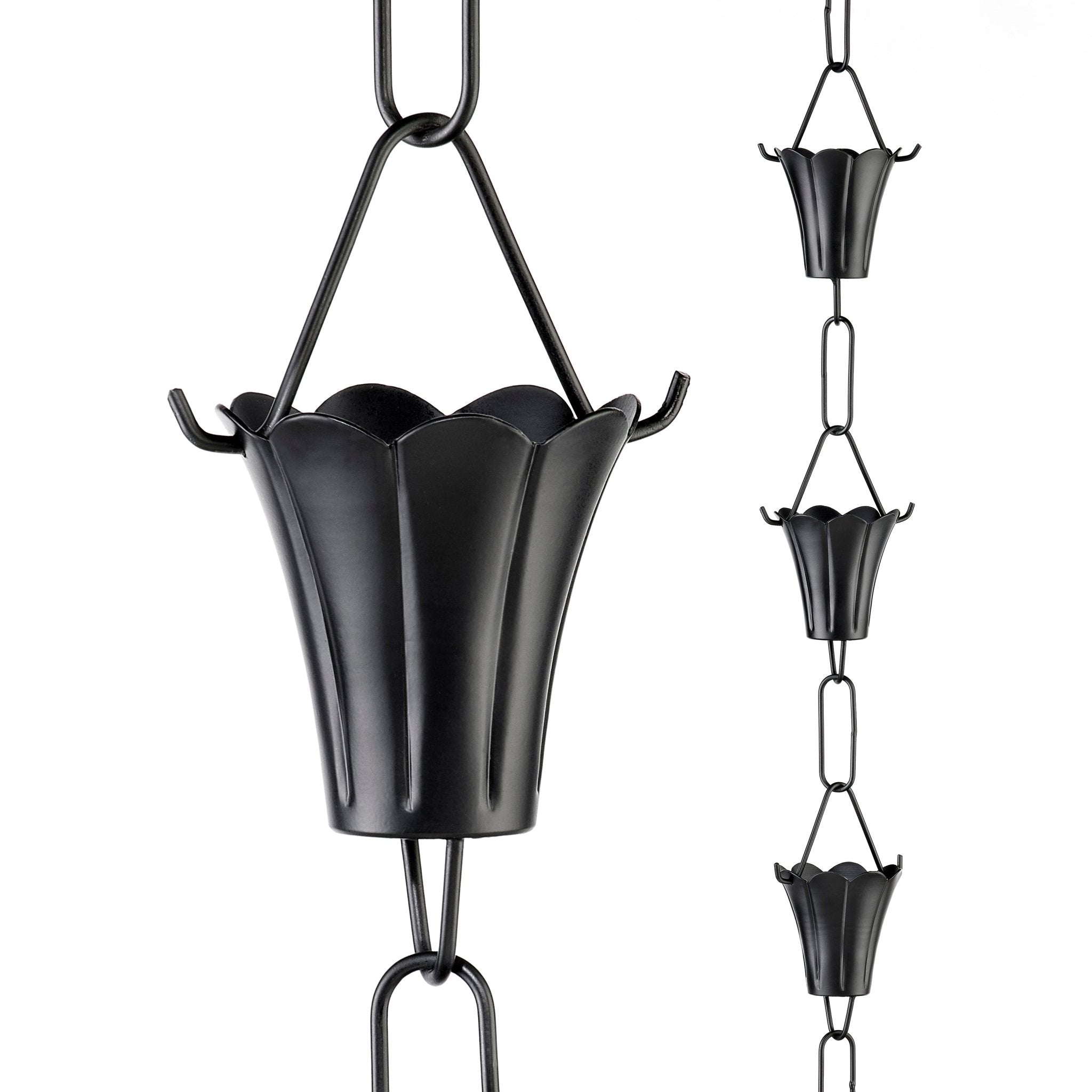 8.5 ft Black Fluted Flower Rain Chain with 11 Large Cups - Perfect for Garden Drainage & Outdoor Decor