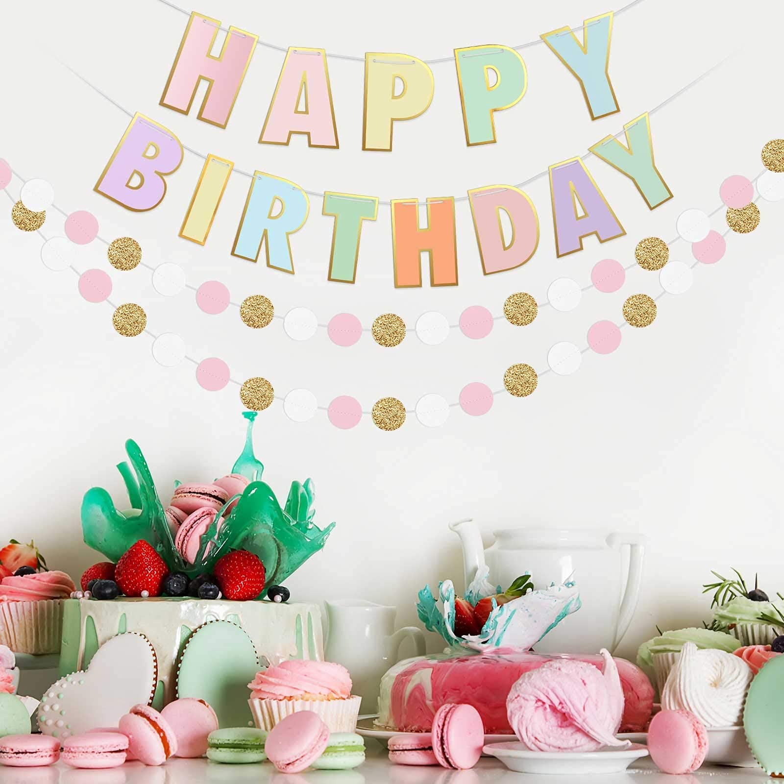 Pre-Strung Happy Birthday Banner & Decorations Set - Pastel Dot Garland for Girls Toddler Birthday Party - Perfect for Baby Shower, Nursery Decor & Birthday Celebrations