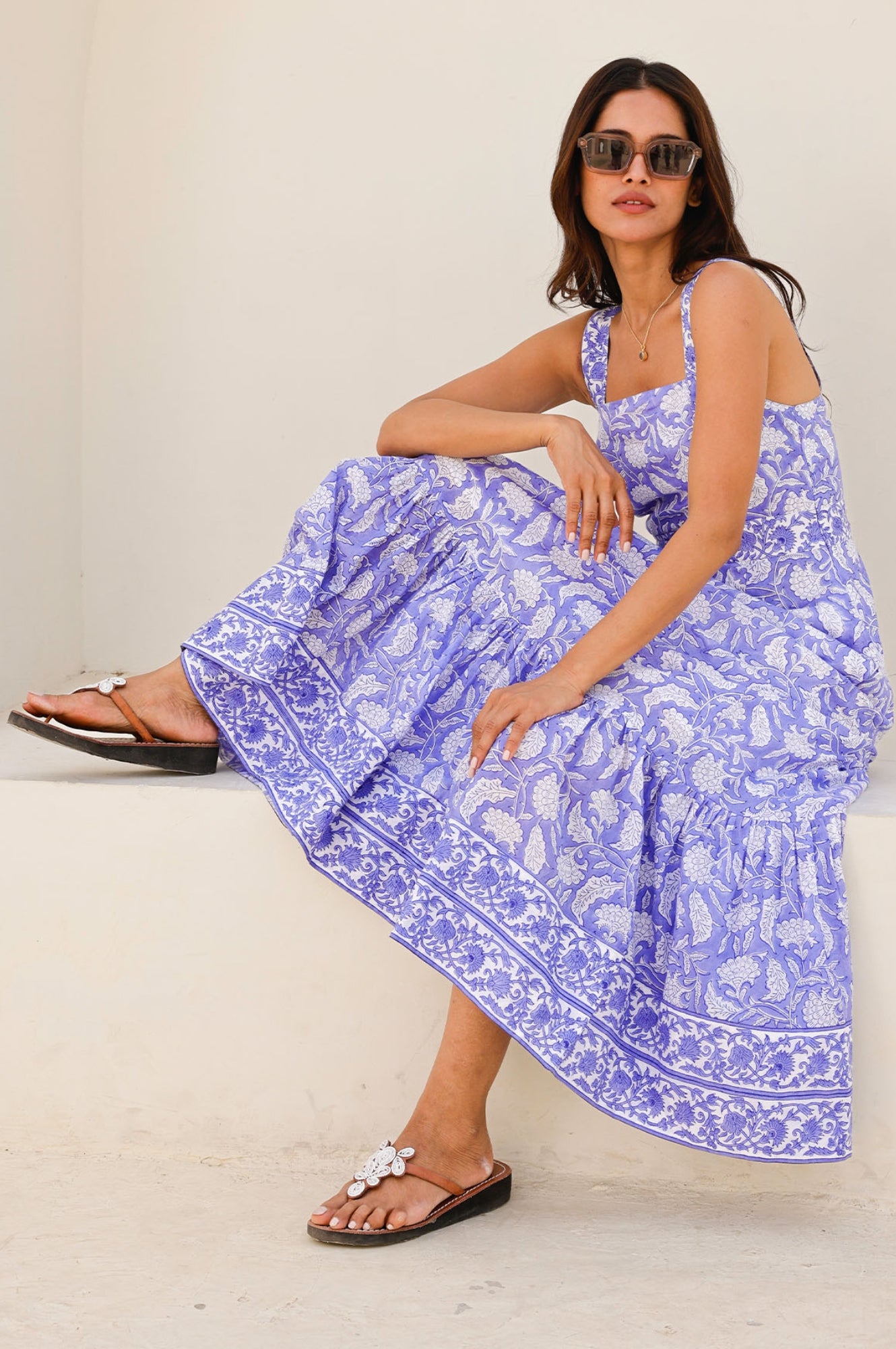 Aurelia Organic Cotton Block Print Dress - Iris Blue & White | Boho Chic Summer Dress for Women | Perfect for Beach, Vacation & Casual Outings