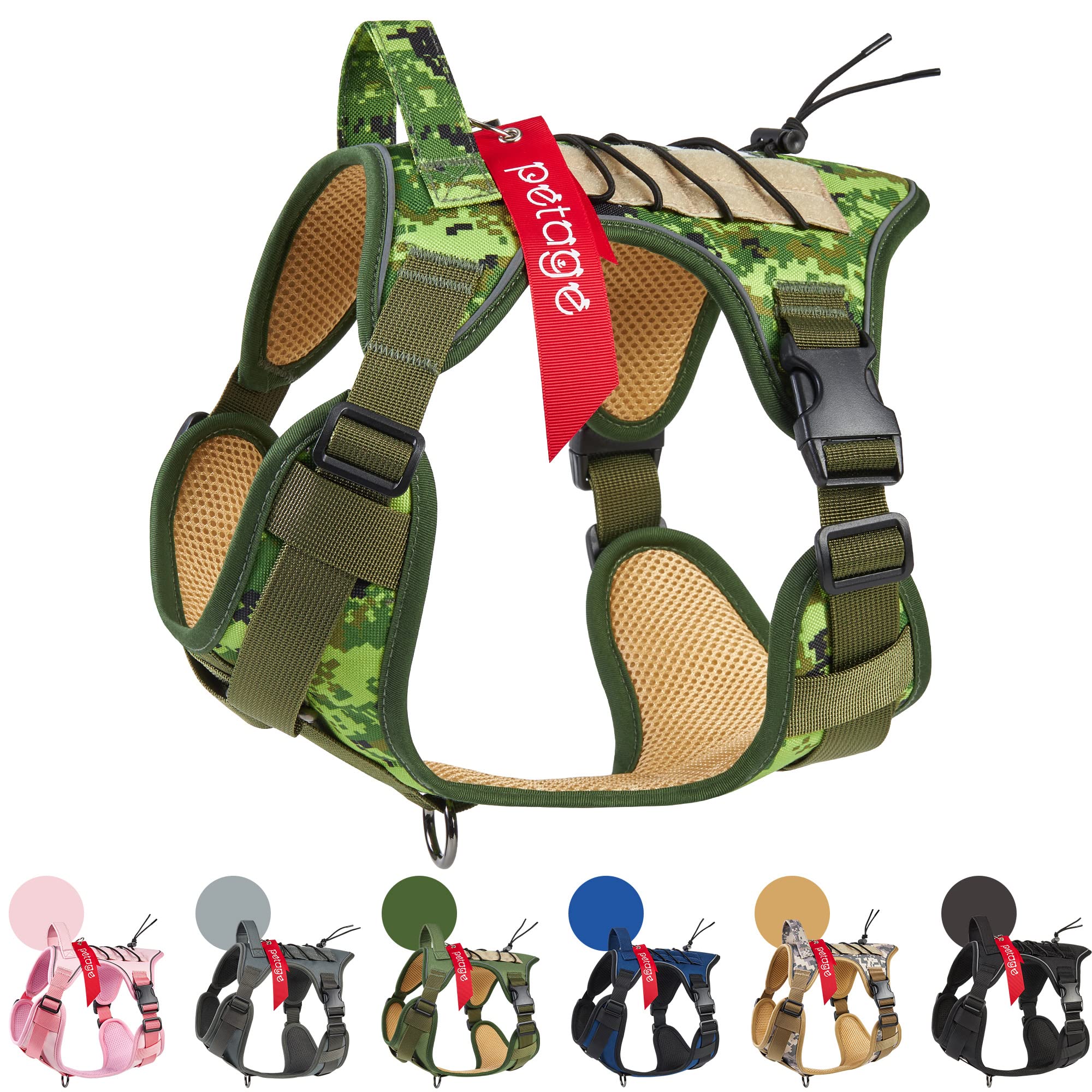 PETAGE Tactical Dog Harness - Adjustable No-Pull Soft Padded Vest for Small, Medium & Large Dogs - Reflective Military Service Dog Harness with Easy Control (Woodland Camo, Medium) - Perfect for Outdoor Adventures, Training & Daily Walks