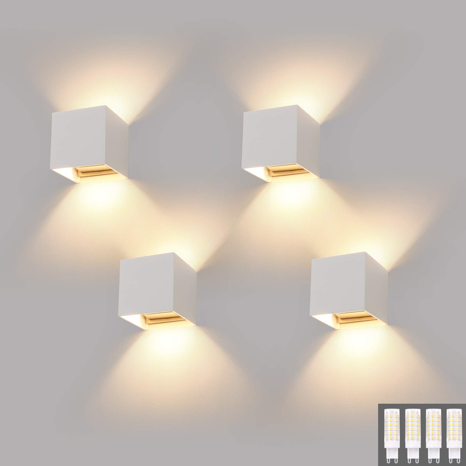 Klighten 4-Pack Modern LED Wall Lights - 9W Warm White 3000K Indoor/Outdoor Lighting Fixtures with G9 Bulbs Included - Perfect for Bedroom, Living Room, Hallway & Home Decor | Energy-Efficient & Weather-Resistant