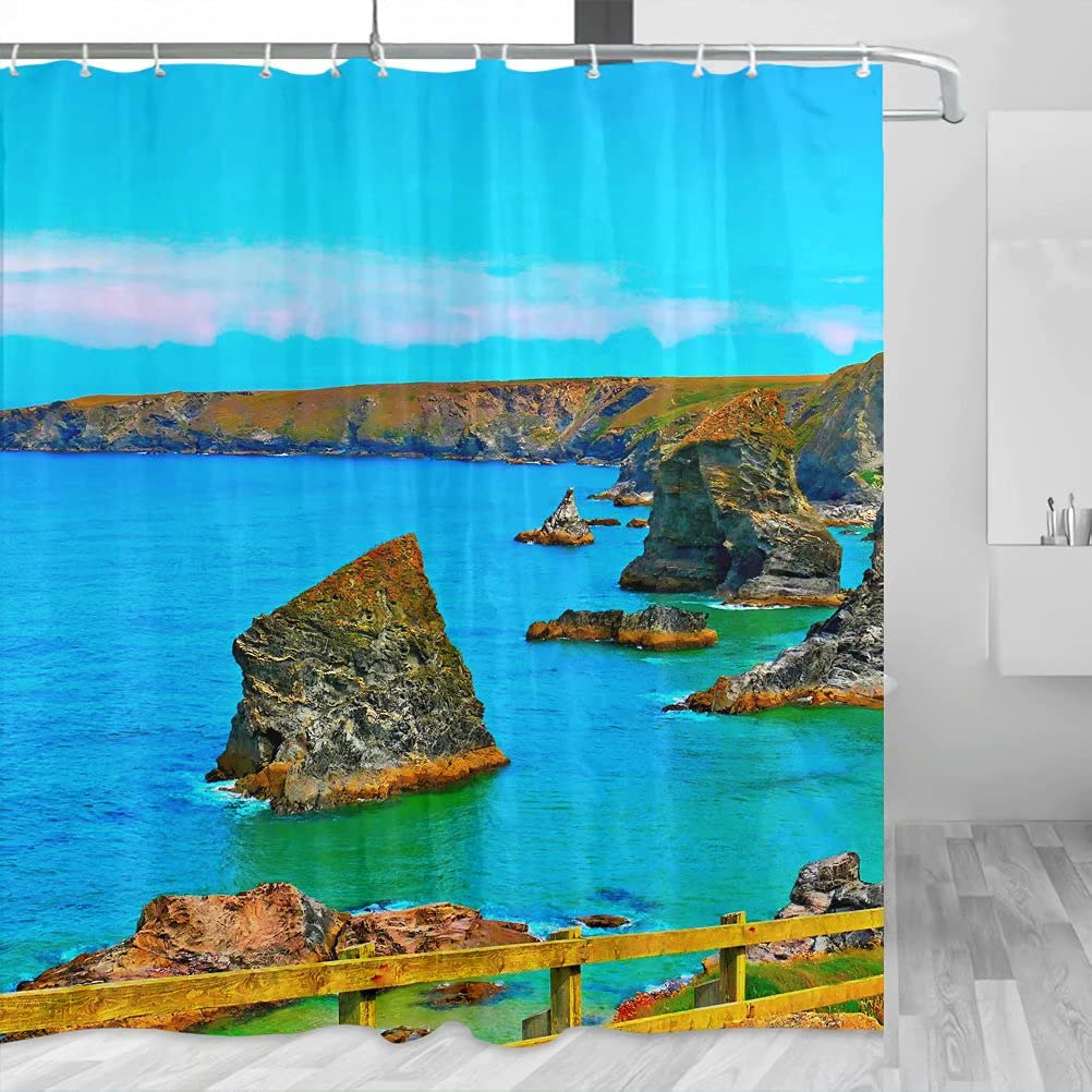 UK England Padstow Coastal Themed Shower Curtain Set - 72x72 Inch Polyester Bathroom Decor with Rustic Hooks - Perfect for Beach House, Cottage & Travel Enthusiast Bathrooms