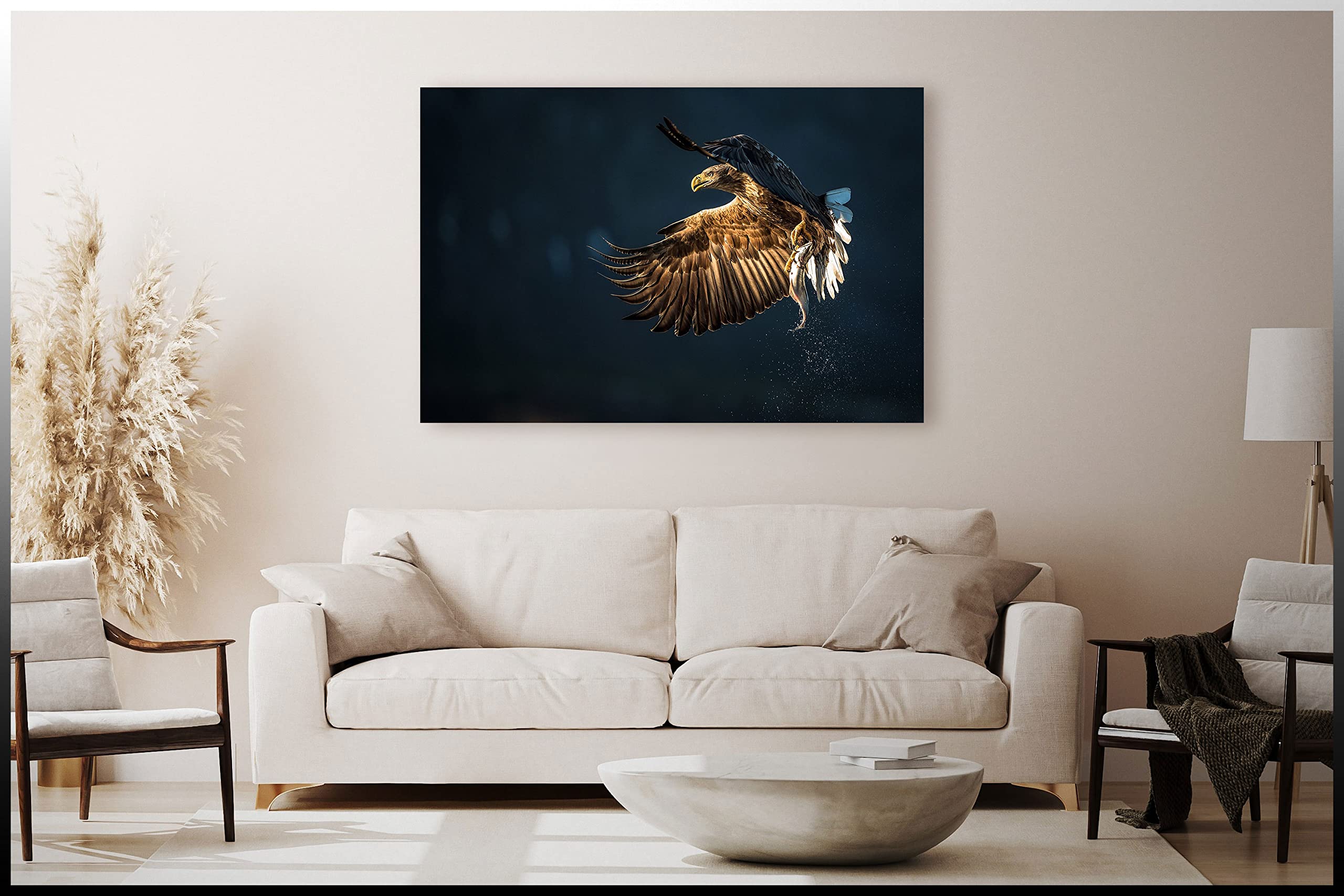 Eagle Bird Catching Fish Canvas Wall Art - Framed & Ready to Hang - 30x40 Inches - Nature Wildlife Home Decor for Living Room, Bedroom, Kitchen & Office