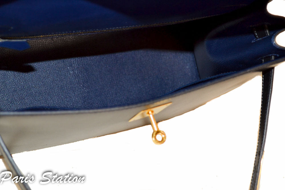 Authentic Hermes Kelly Sellier 32 Handbag in Blue & Black - Luxury Bi-Color Leather Shoulder Bag for Women | Perfect for Work, Evening Events & Special Occasions