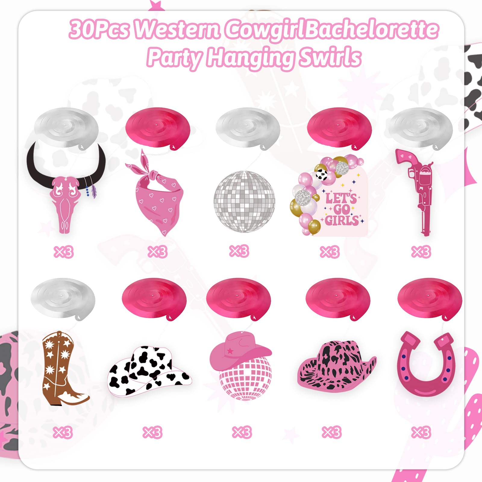 30PCS Pink Cowgirl Party Decorations Set - Western Themed Hanging Swirls & Foil Decor for Bachelorette, Baby Shower & Birthday Parties | Perfect for Last Rodeo, Disco & Cowgirl Themed Events