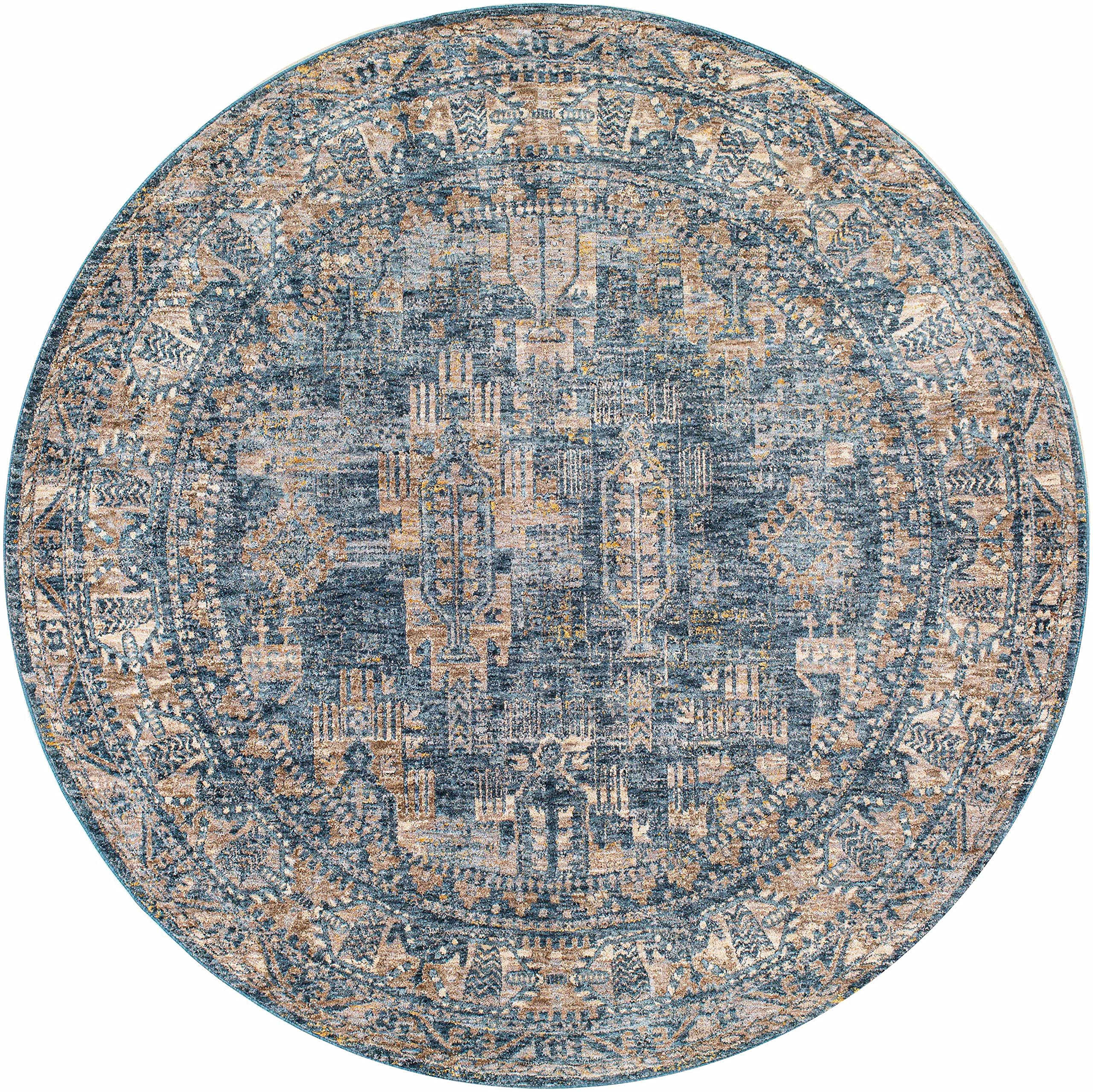 Hauteloom Cooranbong Traditional Beige Brown Blue Round Area Rug 5'3