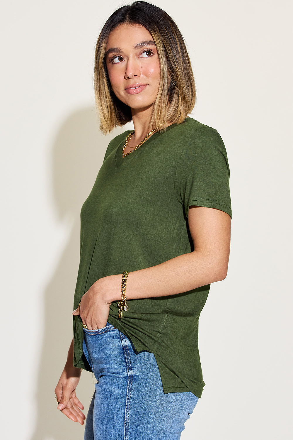 Basic Bae Full Size V Neck High Low T-Shirt for Women - Casual & Trendy Summer Top for Outfits, Beach, and Everyday Wear