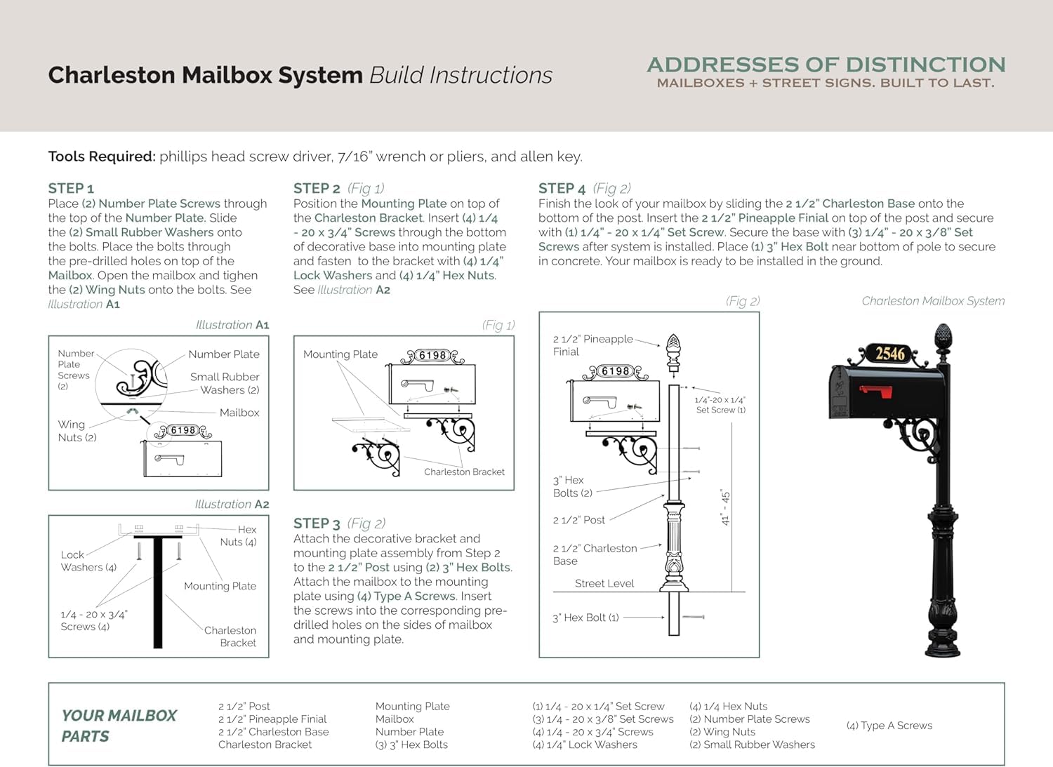 Black Rust-Resistant Charleston Mailbox & Post System with Address Plaque, Numbers & Scroll - Durable Outdoor Mailbox for Homes, Farms & Rural Properties - Includes Mounting Hardware (Standard Size)