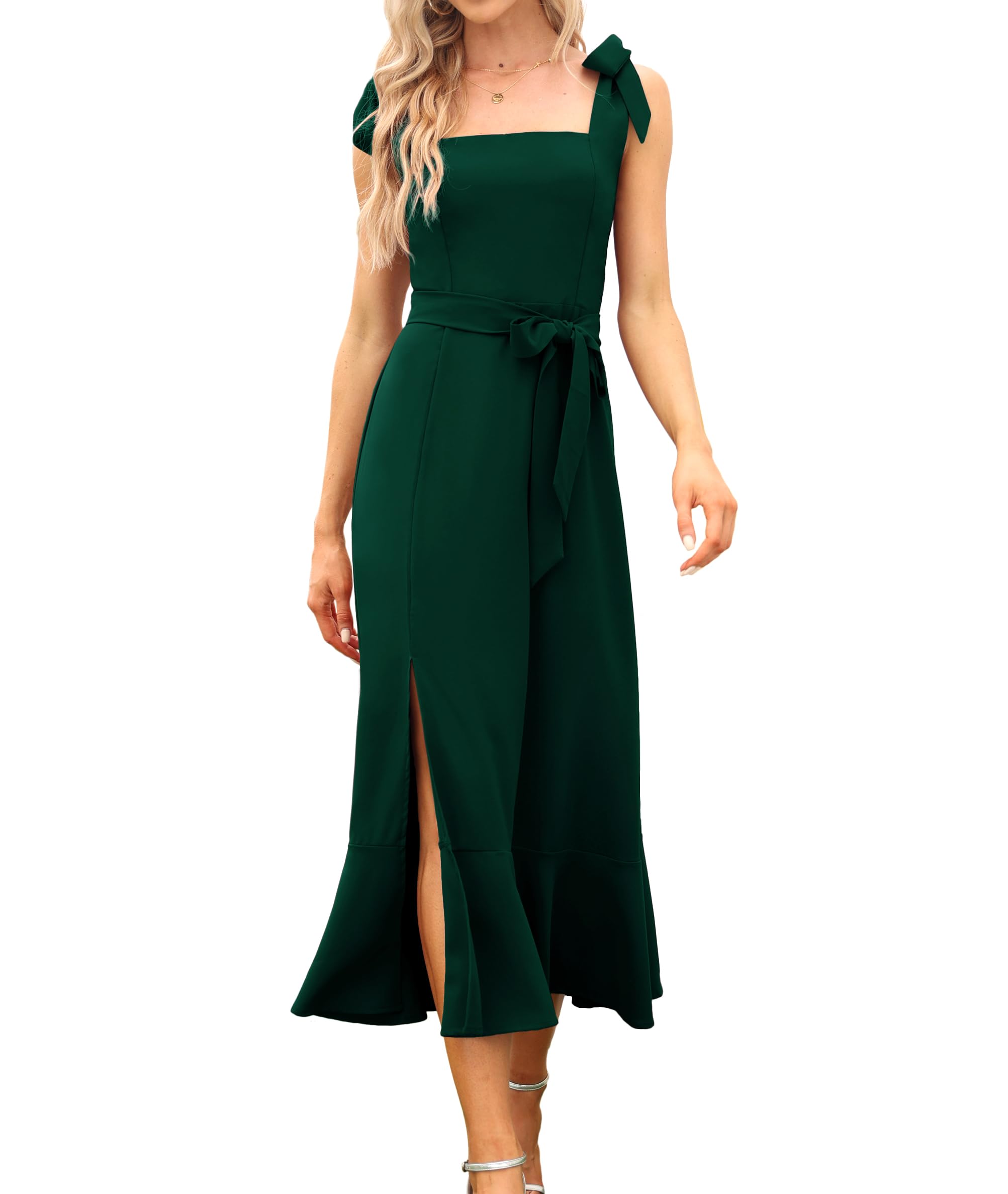 Elegant Square Neck Ruffle Split Midi Bridesmaid Dress for Women - Wedding Guest Cocktail Party Formal Gown | Perfect for Bridal Showers, Receptions & Special Occasions