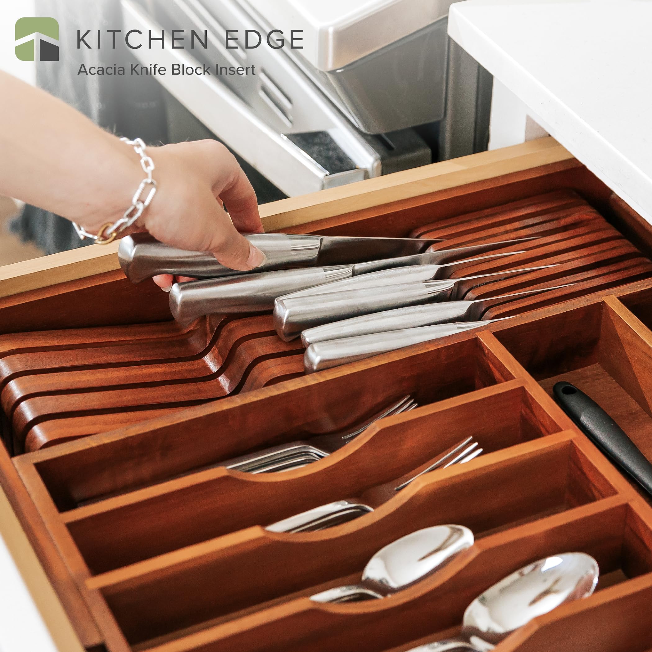 Premium Acacia Wood Knife Block Holder - Organizer for 5 Long & 6 Short Knives (Not Included), Universal Fit with Rubber Feet & Food-Safe Finish | In-Drawer Kitchen Storage for Countertop or Cabinet Use