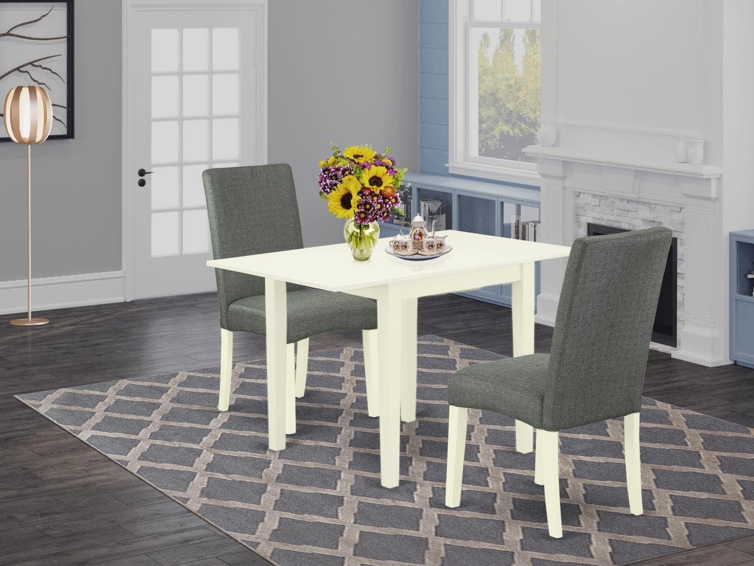 East West Furniture 3-Piece Dinette Set for Small Spaces - Rectangle Drop-Leaf Dining Table & 2 Gray Linen Fabric Parson Chairs, 30x48 Inch, Linen White | Compact Kitchen Dining Solution for Apartments, Breakfast Nooks & Cozy Homes