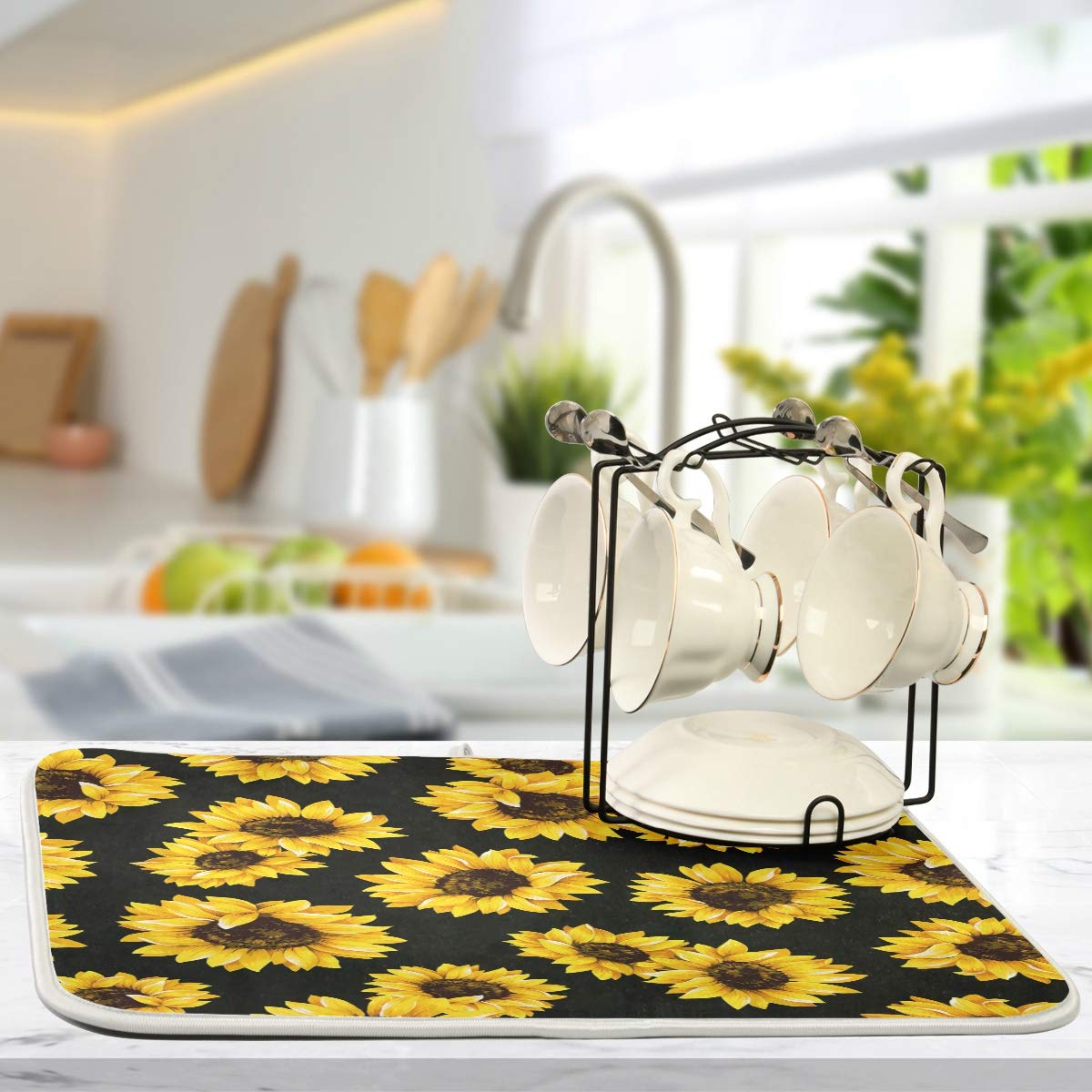 Sunflower Dish Drying Mat - Absorbent Microfiber Kitchen Pad (16x18