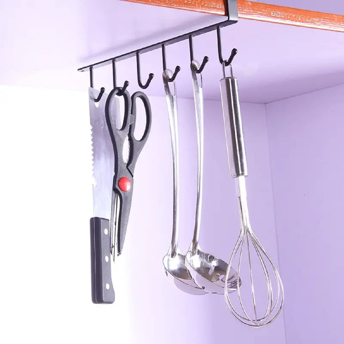 Mopslik - Under Shelf Coffee Mug Holder with 6 Hooks, Metal Hanging Rack Organizer for Kitchen, Cabinet, Table - Space Saving Storage Solution (Black, Pack of 1) - Perfect for Small Kitchens, Dorms, Offices & RVs