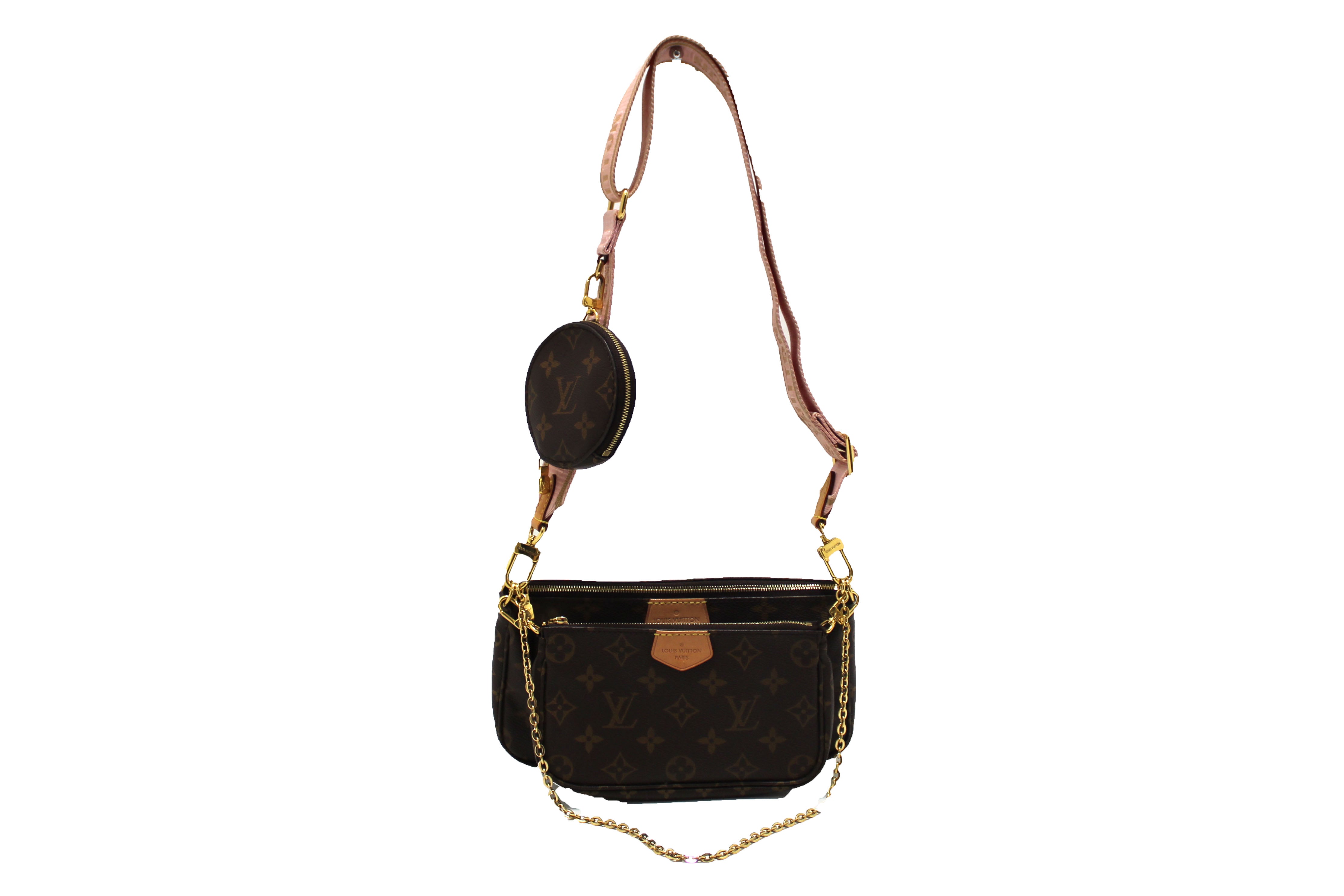 Authentic Louis Vuitton Monogram Multi Pochette Accessories Bag with Light Pink Strap - Luxury Crossbody Bag for Women, Perfect for Date Night, Travel & Everyday Use