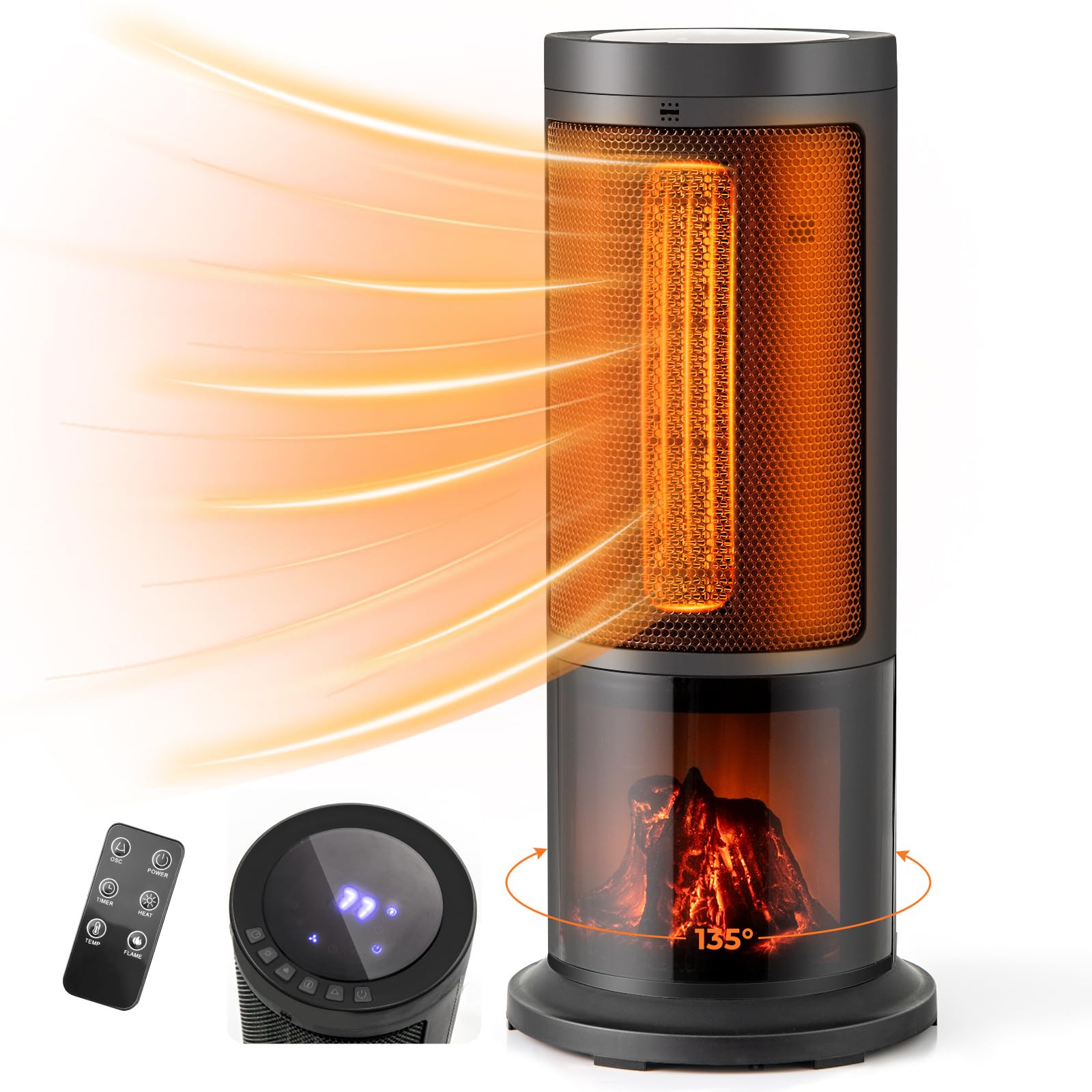 Tangkula 850W/1500W PTC Ceramic Space Heater with Thermostat - 17 Inch Portable Electric Heater with 135° Oscillation, 12 Hour Timer, Realistic 3D Flame Effect, Remote Control & Safety Features (Overheat & Tip-Over Protection) - Perfect for Bedroom, Office, Living Room & Indoor Use