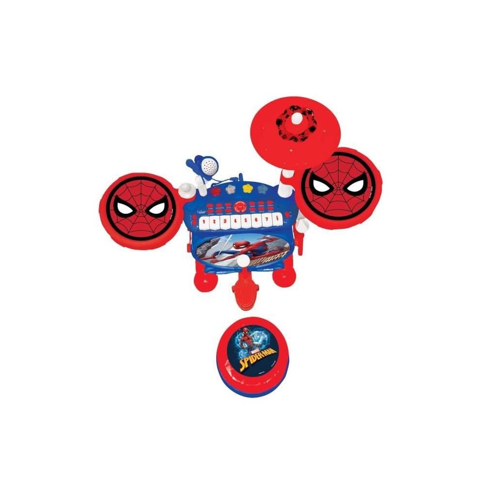 LEXIBOOK K610SP Spider-Man Electronic Music Toy Set for Kids - Interactive Drum & 8-Key Keyboard with Realistic Sounds, MP3 Plug & Included Seat (Blue/Red) - Perfect for Birthday Gifts, Playroom Entertainment & Early Music Education