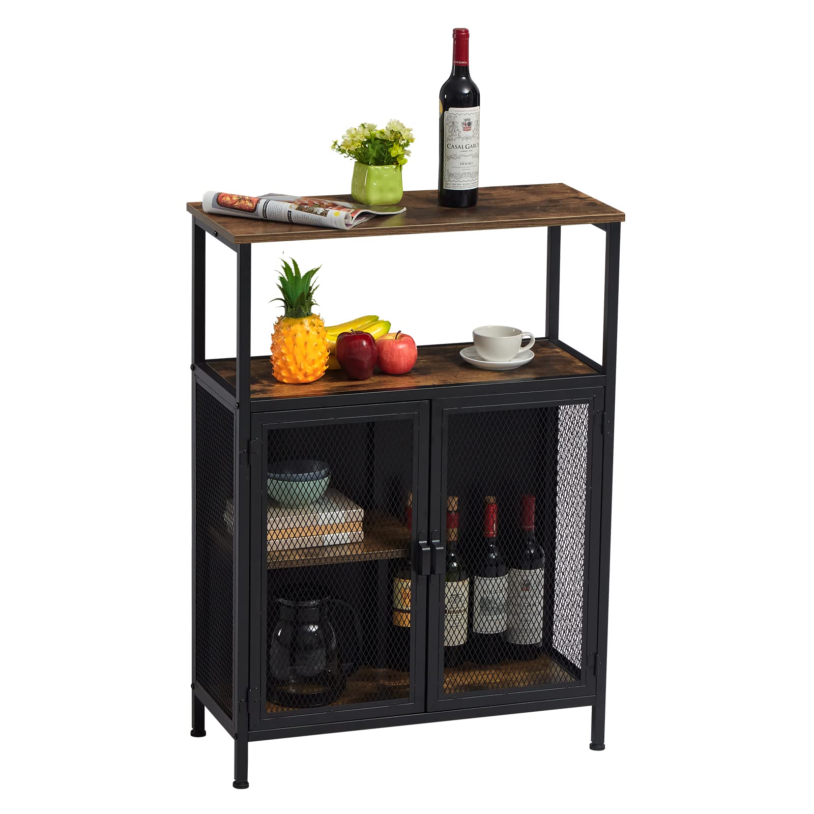 Kinbor Rustic Brown Kitchen Cabinet with Wine Bar Rack, Glass Holder & Mesh Door - Small Sideboard Buffet Cabinet for Dining Room, Living Room & Kitchen Storage | Perfect for Wine Display, Dining Essentials Organization & Home Decor