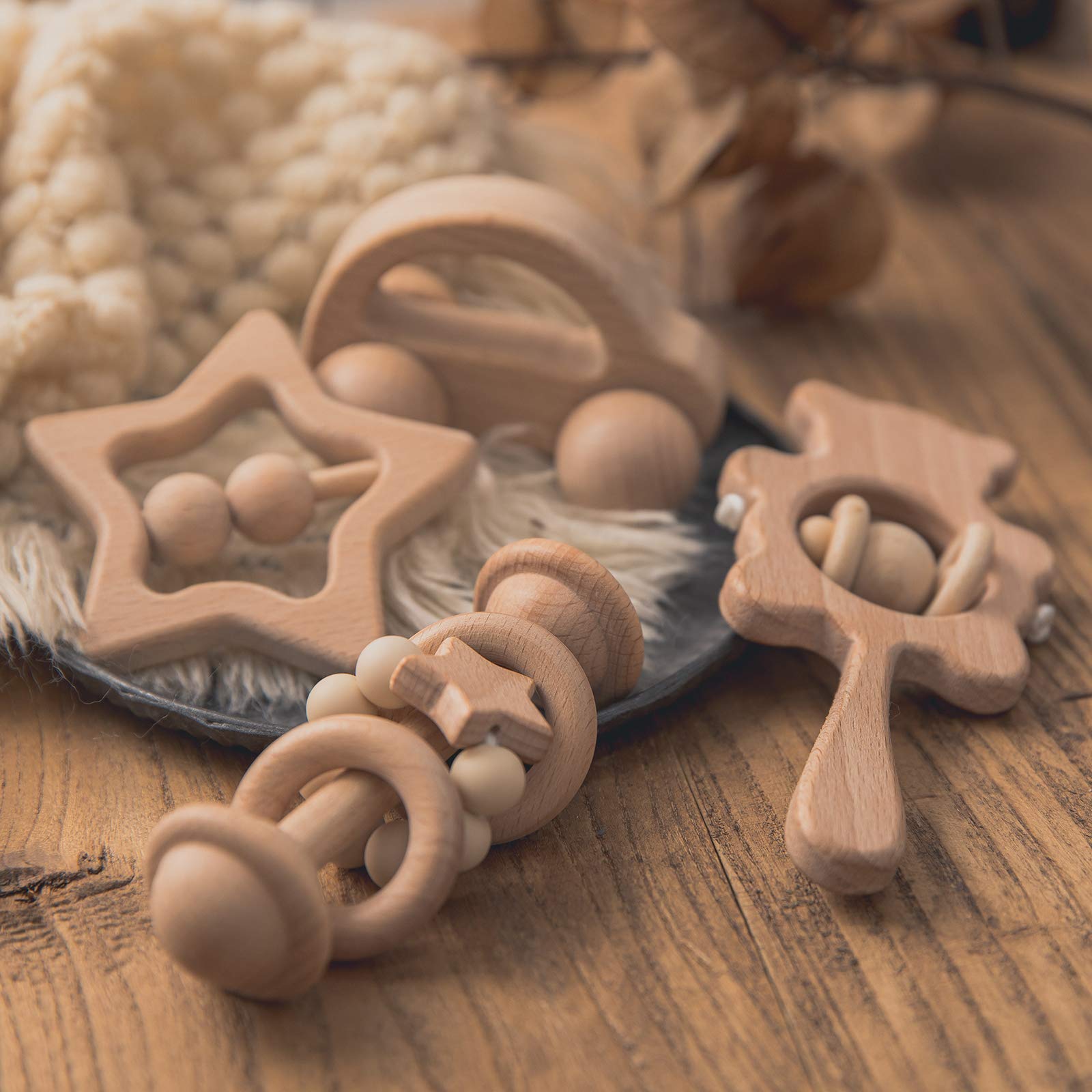 HI BABY MONMENT 4-Piece Wooden Baby Toy Set - Handmade Wooden Rattles & Montessori Toys for Boys & Girls 36+ Months | Safe & Natural Wooden Car Rattles for Sensory Play & Early Learning