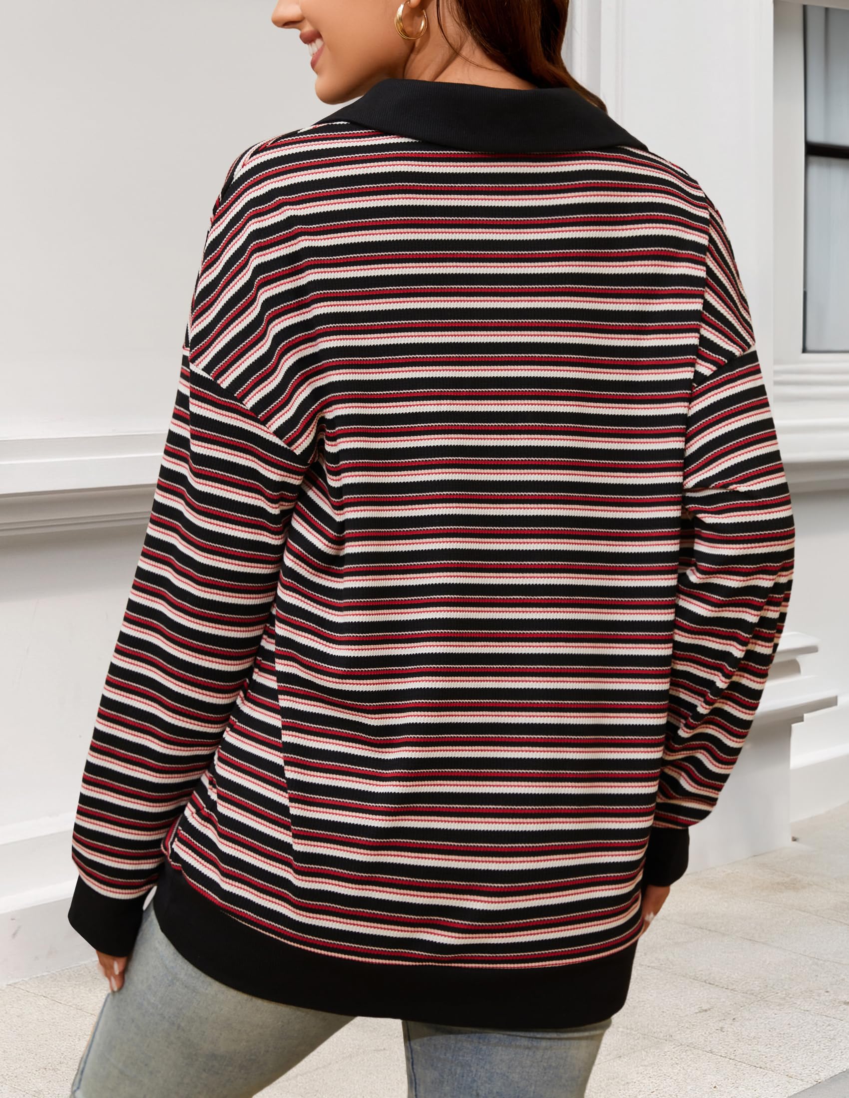 NENONA Women's Long Sleeve Oversized Button Down Shirt - Striped V-Neck Lightweight Waffle Knit Henley Top for Casual Wear, Layering & Fall Outfits