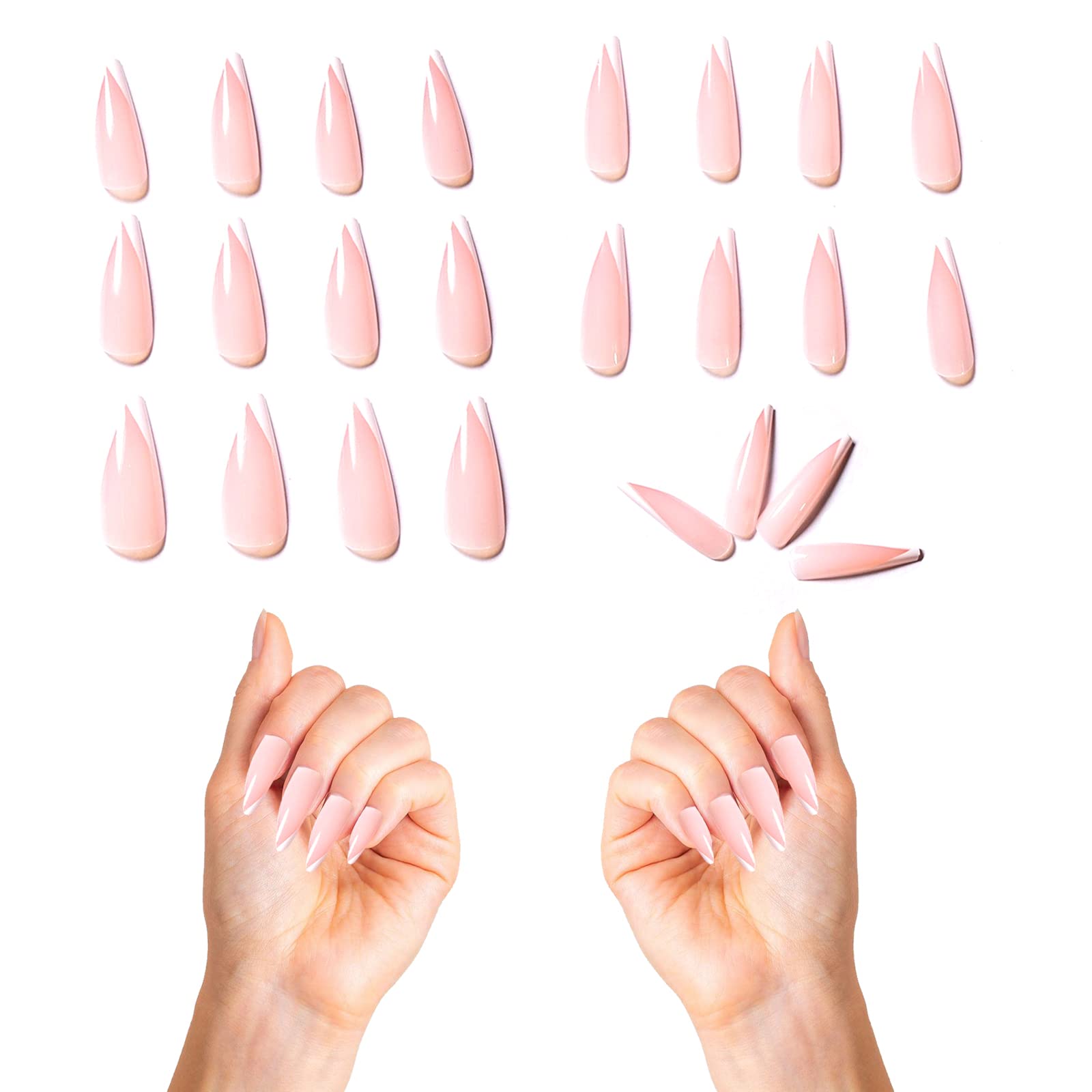 24 Pcs Long False Nails - Reusable Ballerina Acrylic Press on Nails for Women, Pink Artificial Nail Tips for DIY Manicure & Salon | Perfect for Parties, Weddings, and Special Occasions