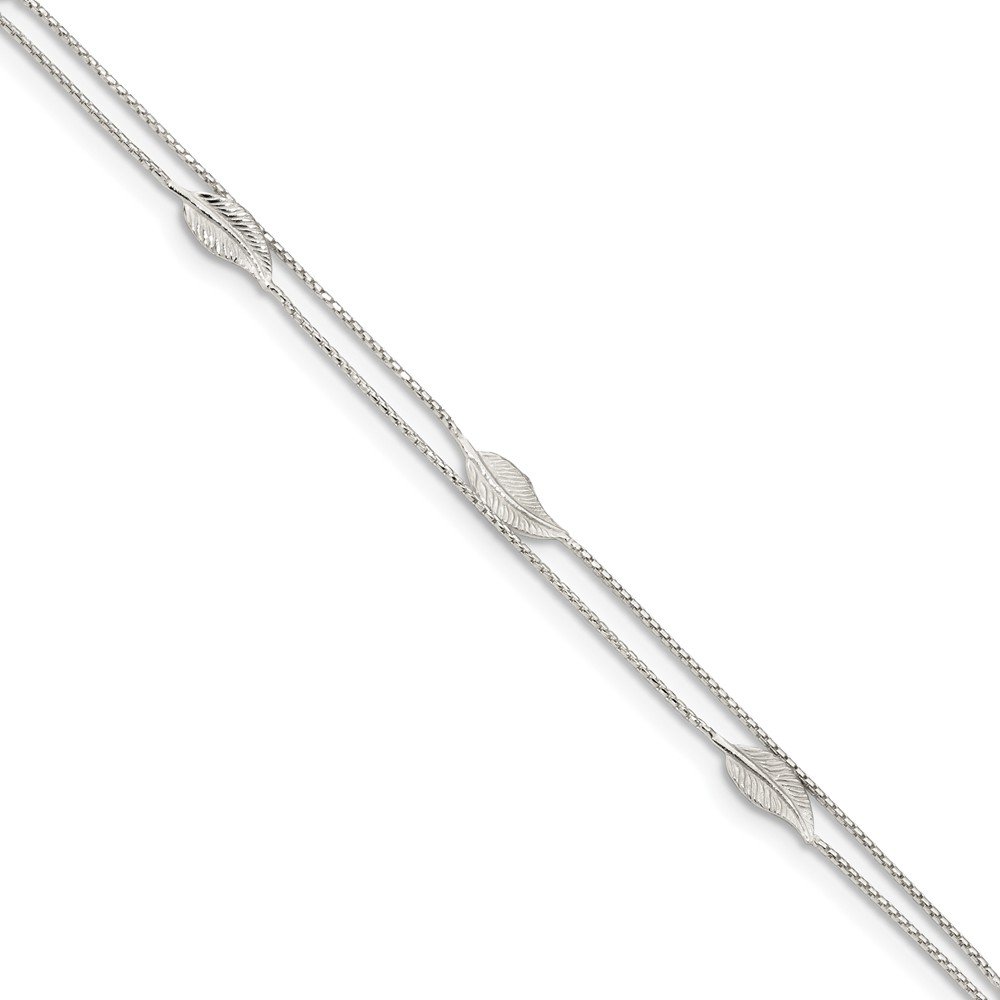 Jewels By Lux Sterling Silver Polished 2-Strand Feather Anklet 9 Inch with 1 Inch Extension - Elegant Boho Ankle Bracelet for Women, Perfect for Beach Parties, Summer Outfits & Festival Fashion