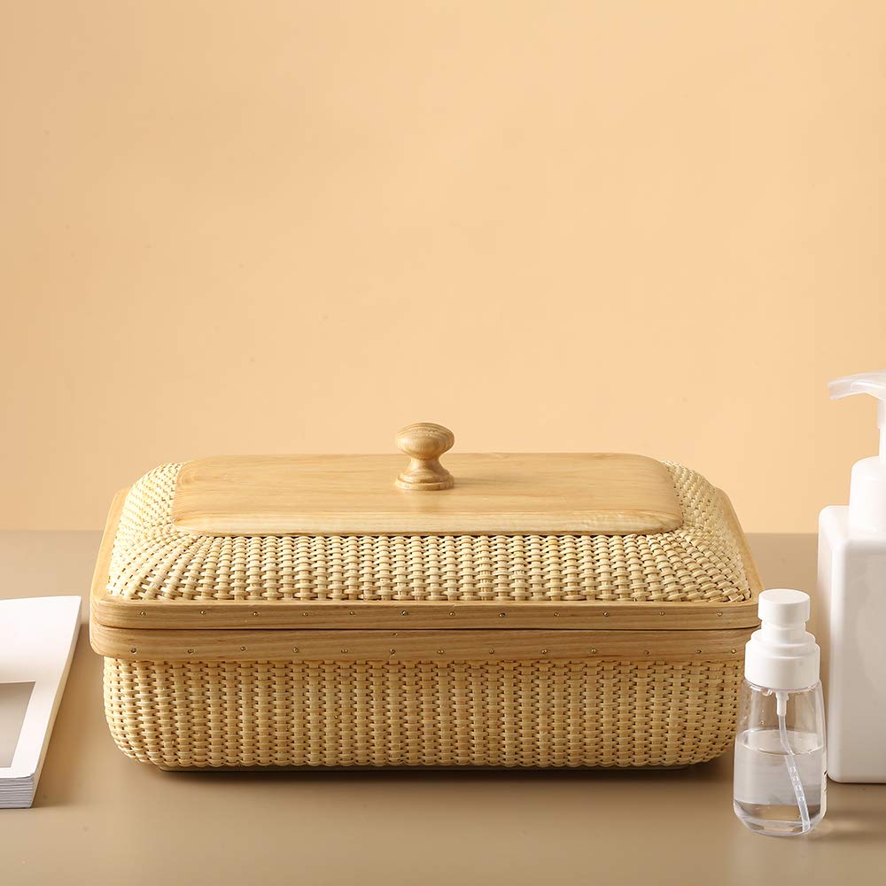 Modern Woven Rattan & Solid Wood Storage Basket - Square Jewelry Box, Fruit Basket for Living Room & Dining Table Decor | Home Organization & Gift Idea