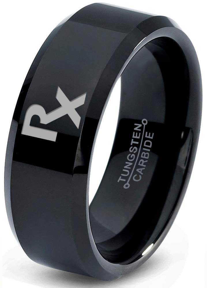 Medical Prescription Pharmacy Symbol Tungsten Ring - 8mm Band for Men & Women - 18k Rose Gold Step Bevel Edge - Yellow, Grey, Blue, Black - Brushed & Polished Finish - Wedding Band, Unique Gift for Pharmacists - Perfect for Medical Professionals & Healthcare Workers