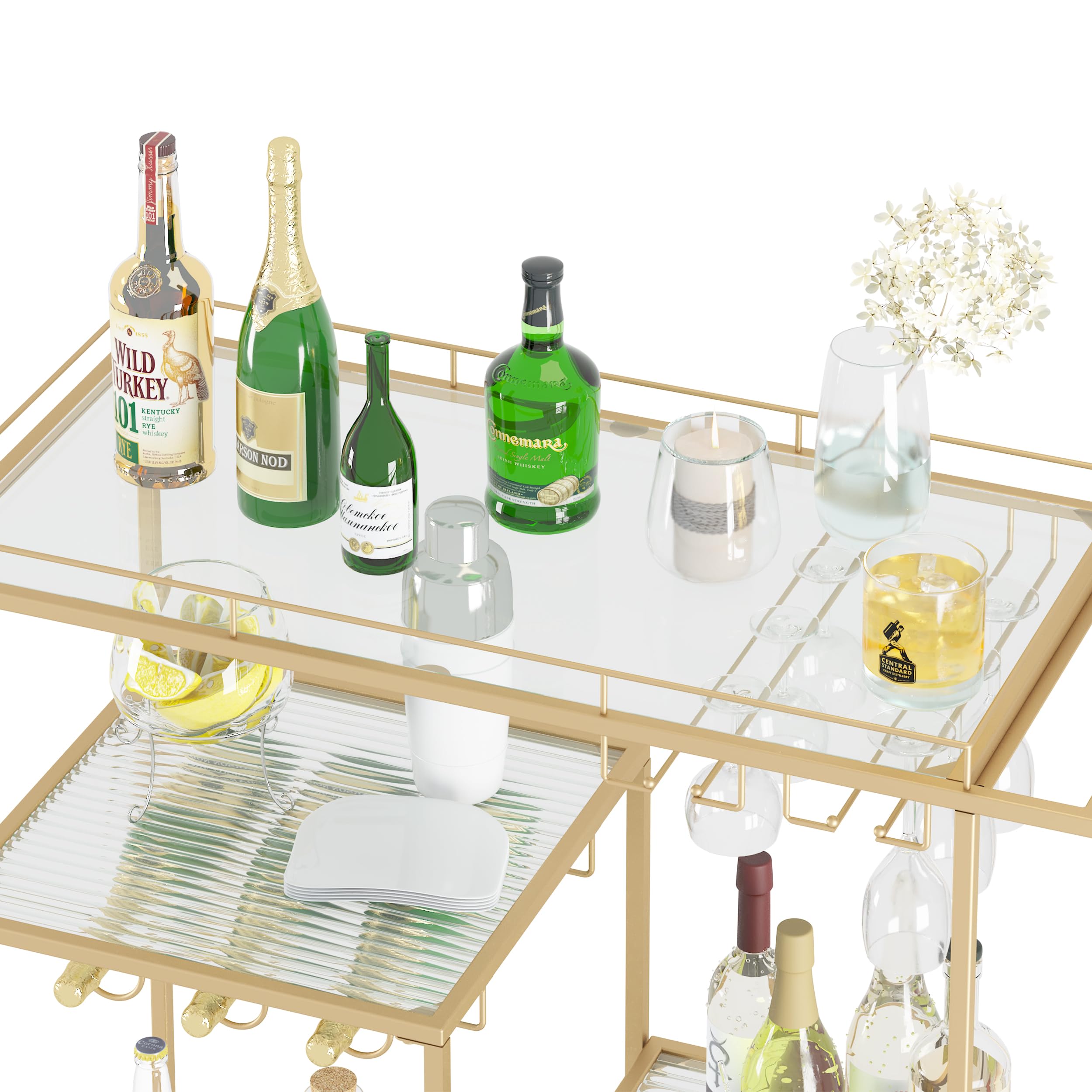 Gold Serving Bar Cart for Living Room - Home Island Mini Bar with Wine Glass Storage Shelf | Perfect for Entertaining, Cocktail Parties & Small Space Decor