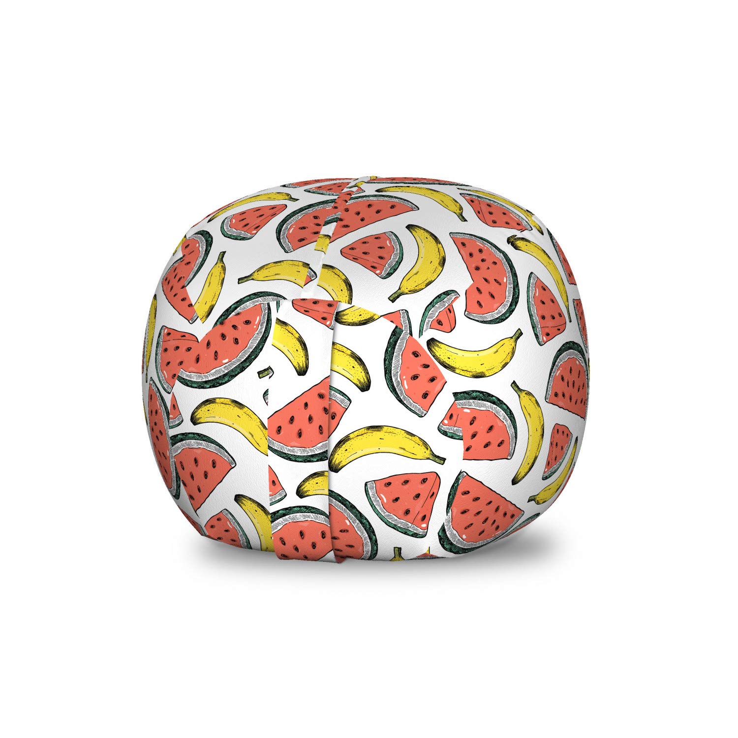 Ambesonne Fruit-Themed Storage Toy Bag Chair - Watermelon Slices & Bananas Design, Washable Stuffed Animal Organizer, Small Size in Coral White Yellow - Perfect for Kids' Room Organization & Playroom Storage