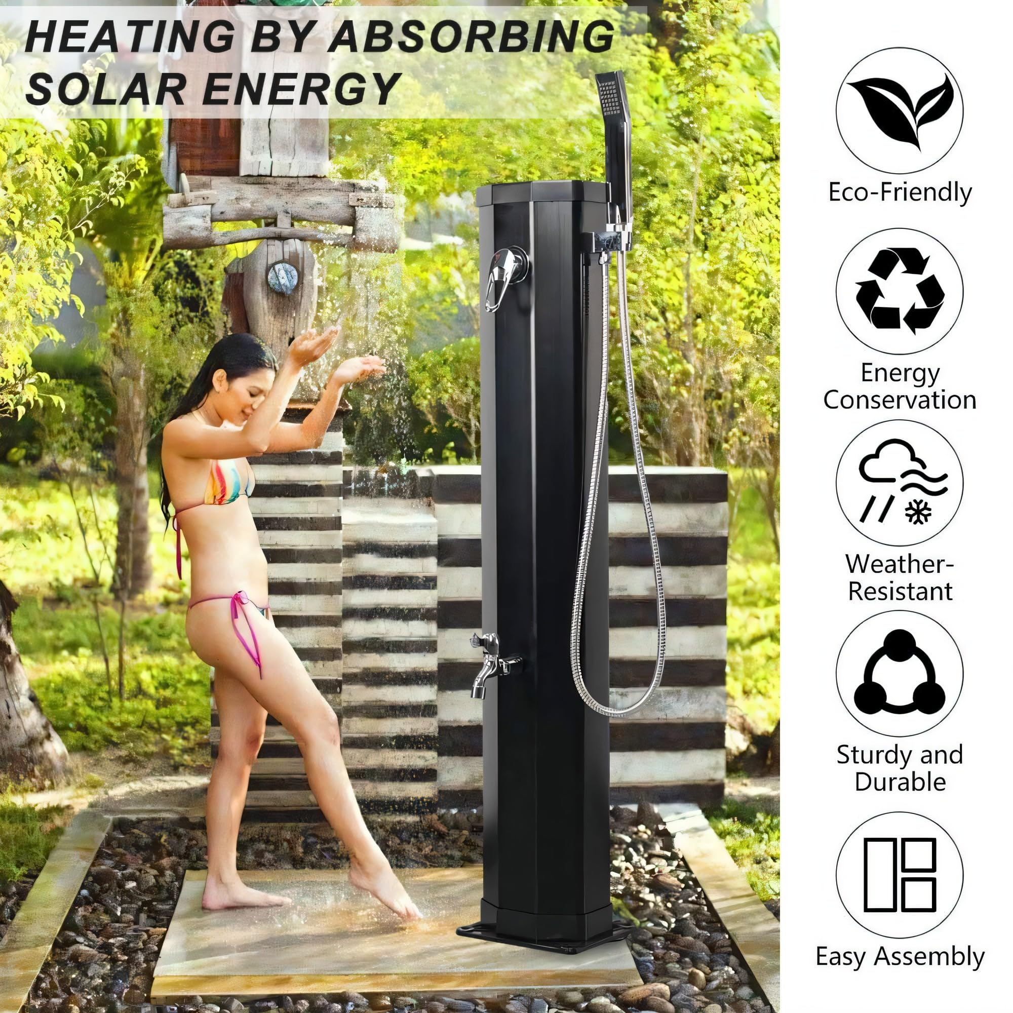 7.2 FT Outdoor Solar Heated Shower - 9.3 Gallon Portable Camping Shower with Adjustable Shower Head & Foot Tap - Perfect for Beach, Poolside, Backyard, RV and Off-Grid Living - Black