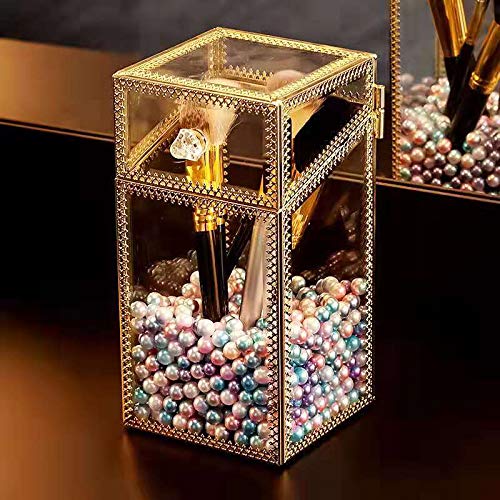 Vintage Gold Glass Makeup Brush Holder with Lid - Dustproof Organizer for Beauty Tools