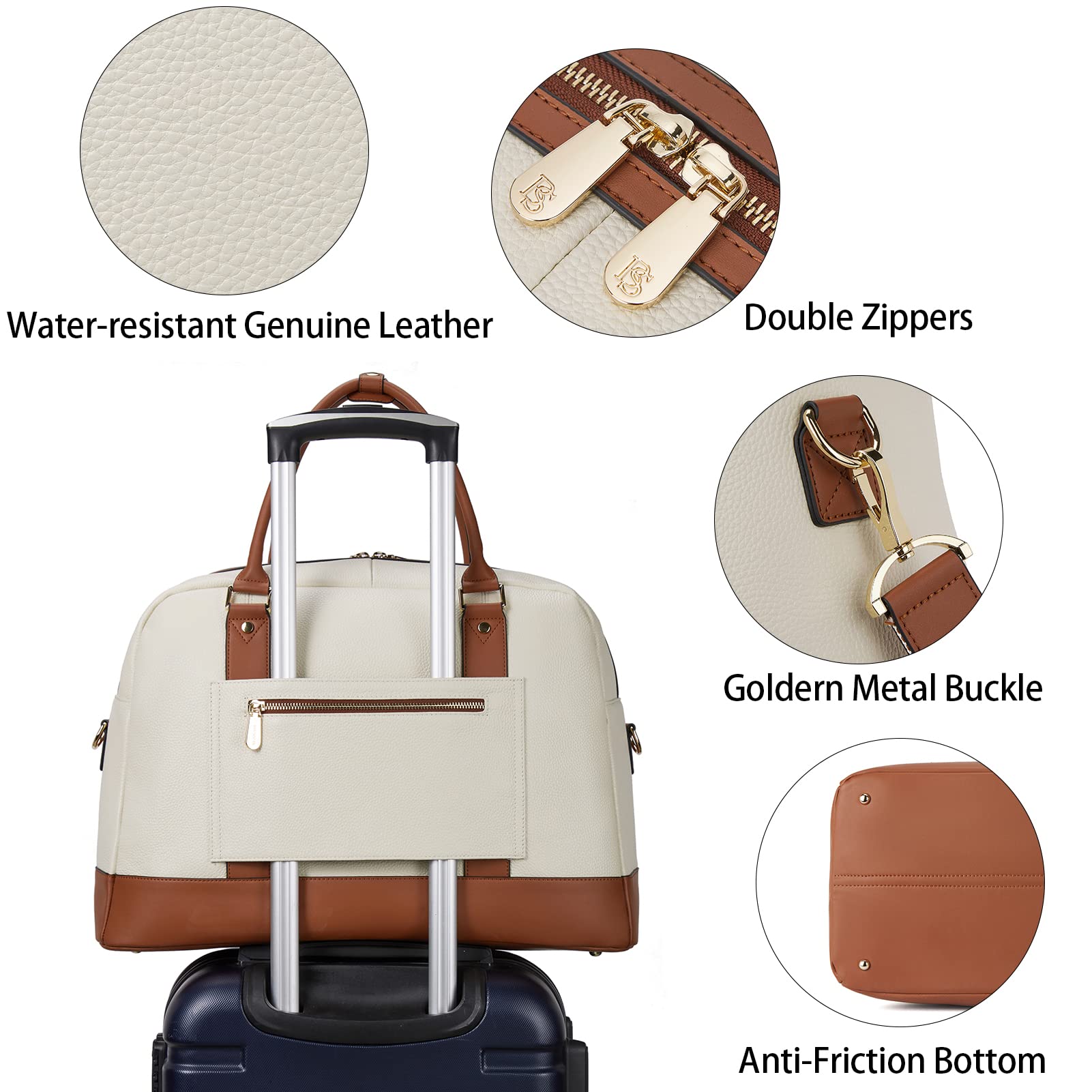 BOSTANTEN Women's Leather Travel Weekender Bag - Large Duffle Overnight Bag with Trolley Sleeve, Flight Approved Carry-On Luggage for Business Trips & Weekend Getaways