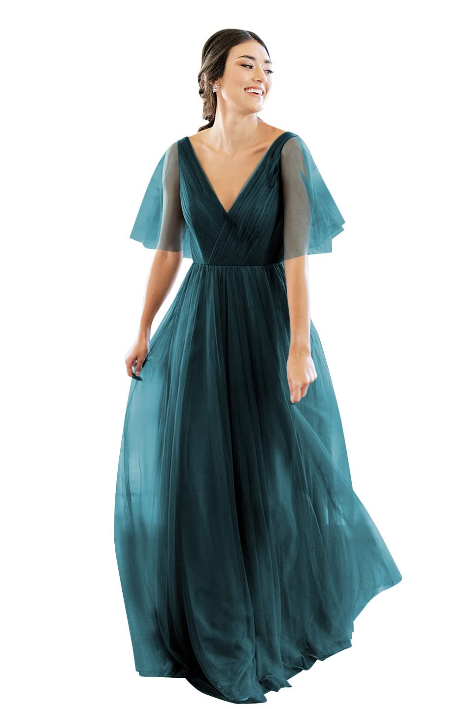 Elegant V-Neck Short Sleeve Tulle Bridesmaid Dress for Women | Backless Long Formal Gown for Weddings, Proms & Special Occasions