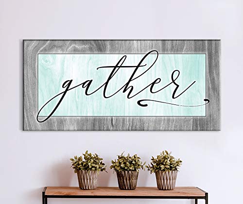 Farmhouse Style 'Gather' Pantry Sign - Light Teal Wooden Wall Decor for Kitchen, Dining Room & Living Room - Rustic Home Decor (42x19 Inches) - Perfect for Farmhouse, Cottage & Country Style Homes