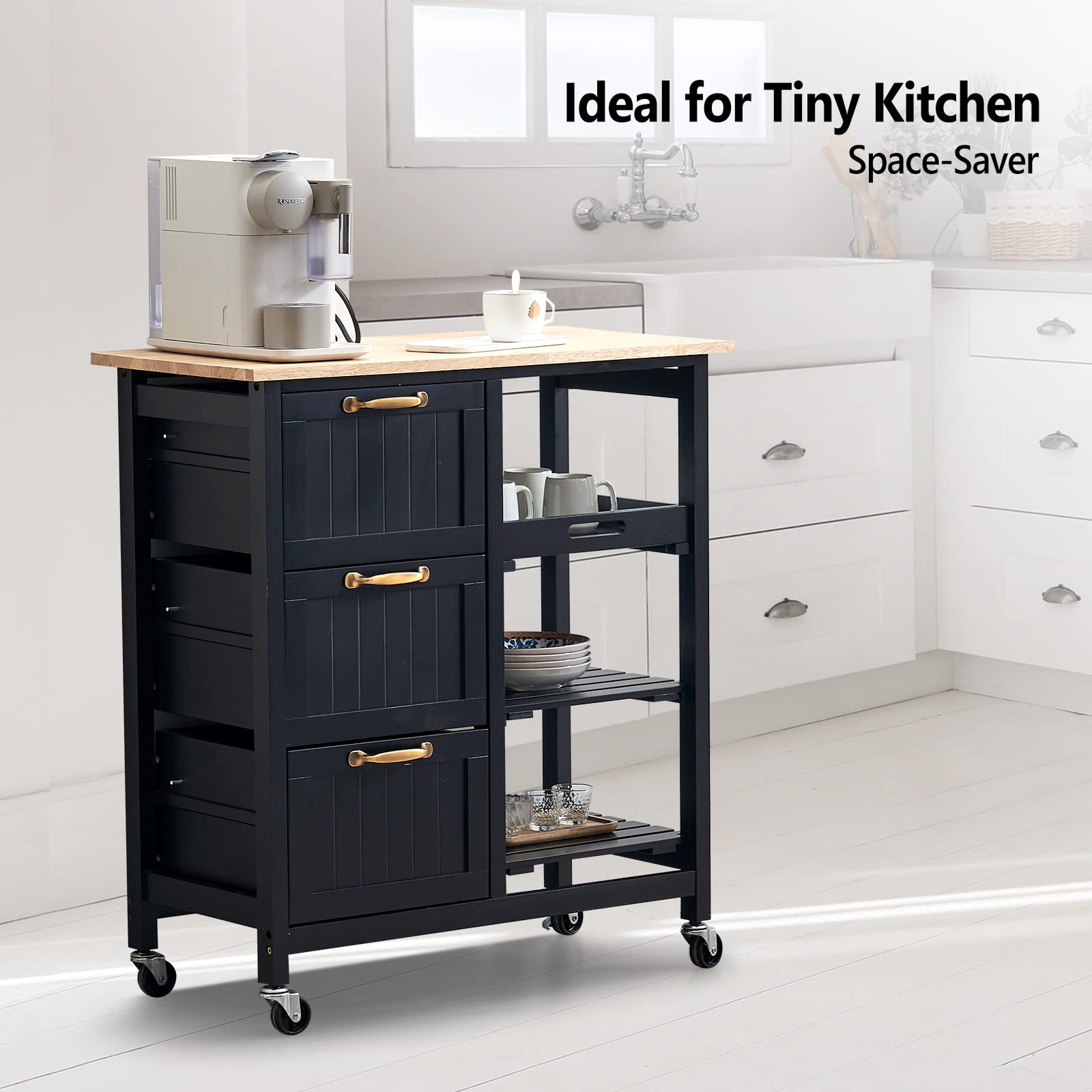VINGLI Kitchen Island Cart with 3 Drawers, 2 Tier Holders & Removable Tray - Black Rolling Storage Cabinet with Solid Wood Top for Small Kitchen, Microwave Trolley, Home Serving Bar Cart | Perfect for Kitchen Organization, Entertaining & Space-Saving Storage