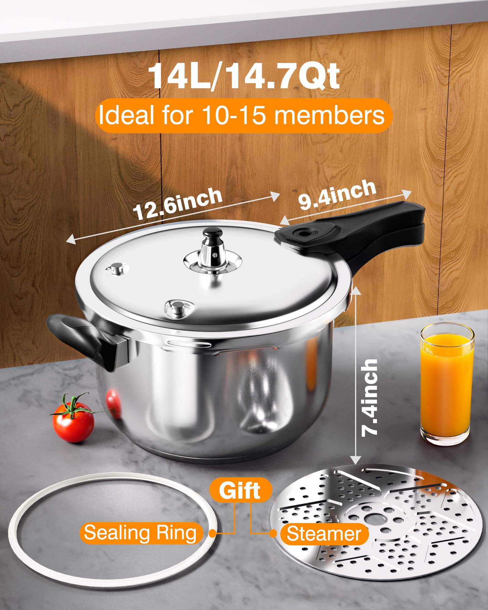 WantJoin 14qt Stainless Steel Pressure Cooker with Spring Valve Safety Lock - Fast Cooking for Gas & Electric Stoves - Perfect for Family Meals, Meal Prep & Emergency Cooking