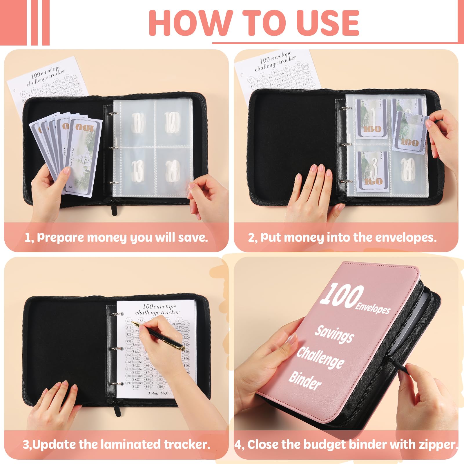 100 Envelopes Money Saving Challenge Binder with Laminated Tracker - Budget Organizer with Cash Envelopes & Zippered Savings Book to Save $5,050 (Pink) - Perfect for Personal Finance, Cash Budgeting & Debt Payoff Goals
