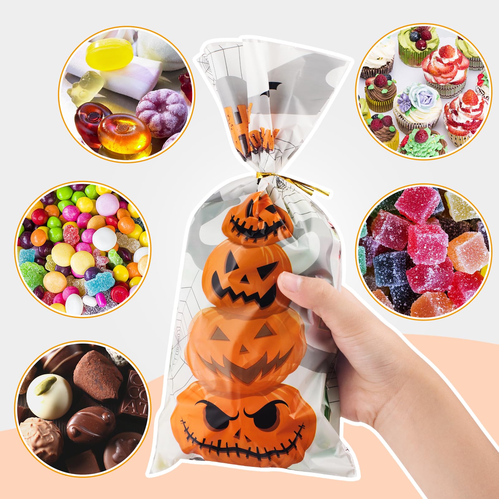 200 PCS Halloween Cellophane Treat Bags with Twist Ties - Orange & Black Candy Bags for Trick or Treat, Party Favors, Classroom Treats & Halloween Gift Exchange - Bulk Halloween Party Supplies for Kids & Adults