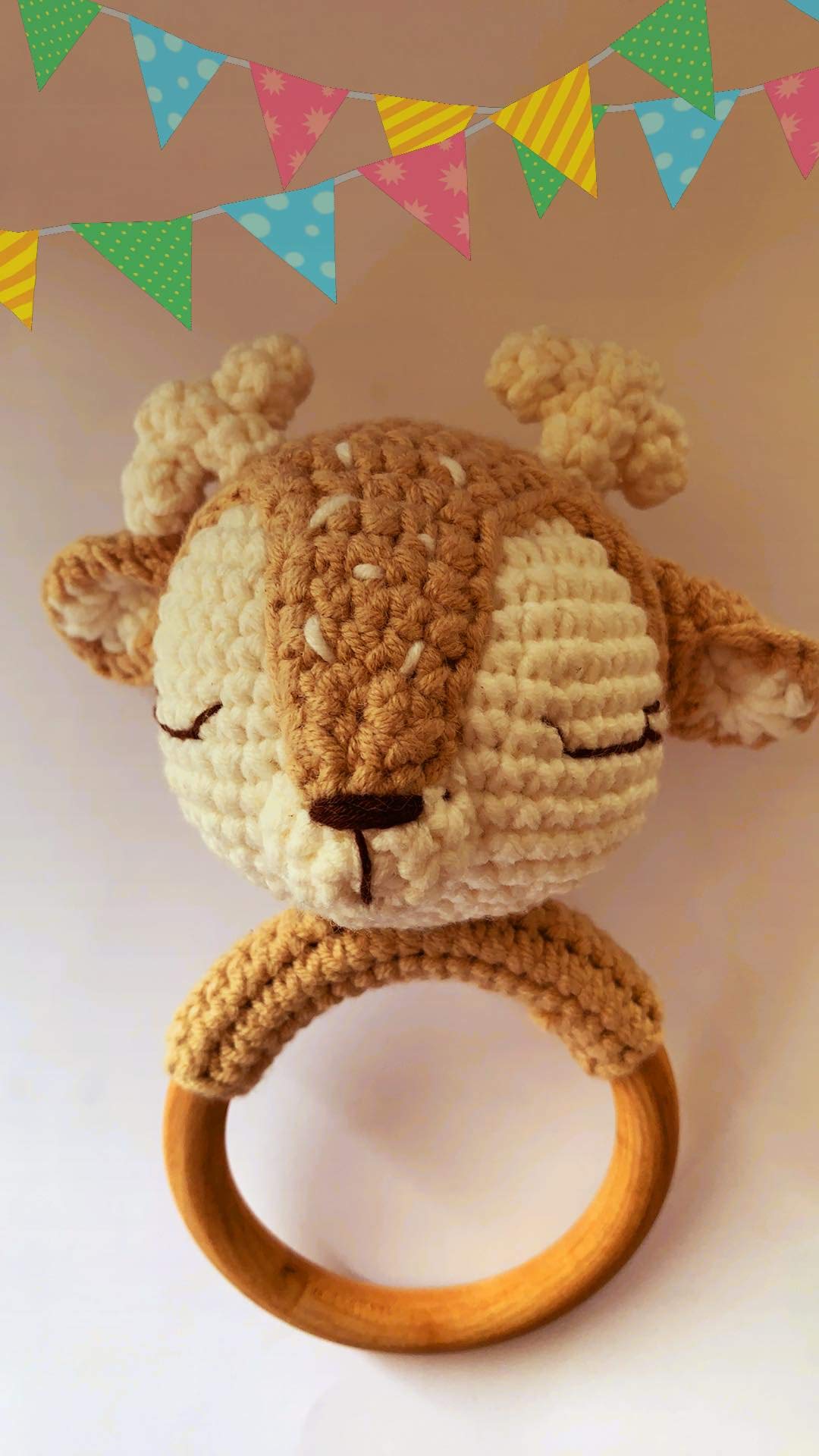 Handmade Beige Crochet Reindeer Rattle Plush Toy - Soft Baby Shower Gift & Nursery Decor for Toddlers - Perfect for Sensory Play, Early Learning & Christmas Stocking Stuffers